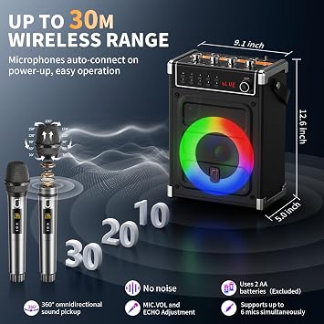 JYX Karaoke Machine with 2 Wireless Microphones, Portable Bass/Treble Bluetooth Speaker with LED Light, Support TWS, AUX in, FM, REC PA System with Remote Control, Supply for Party/Adults/Kids