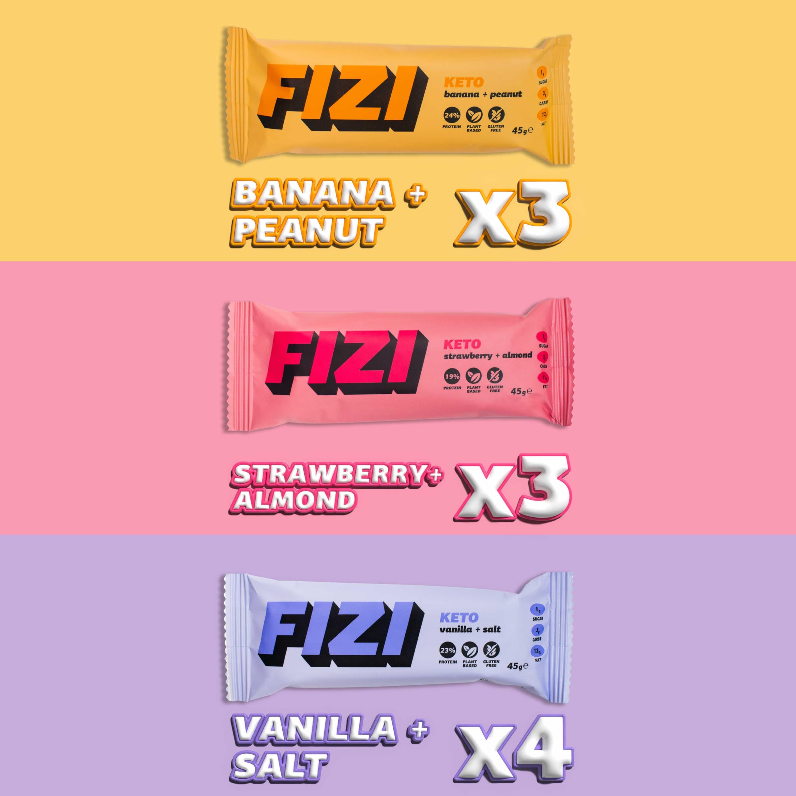 FIZI Keto Mix Box – Pack Variado 10 x 45g – Barritas de 27% Proteína Vegana Bajas en Carbohidratos – Sin Gluten y Sin Azúcar Añadido – Solo 1g de Azúcar por Barrita – Snack Cetogénico