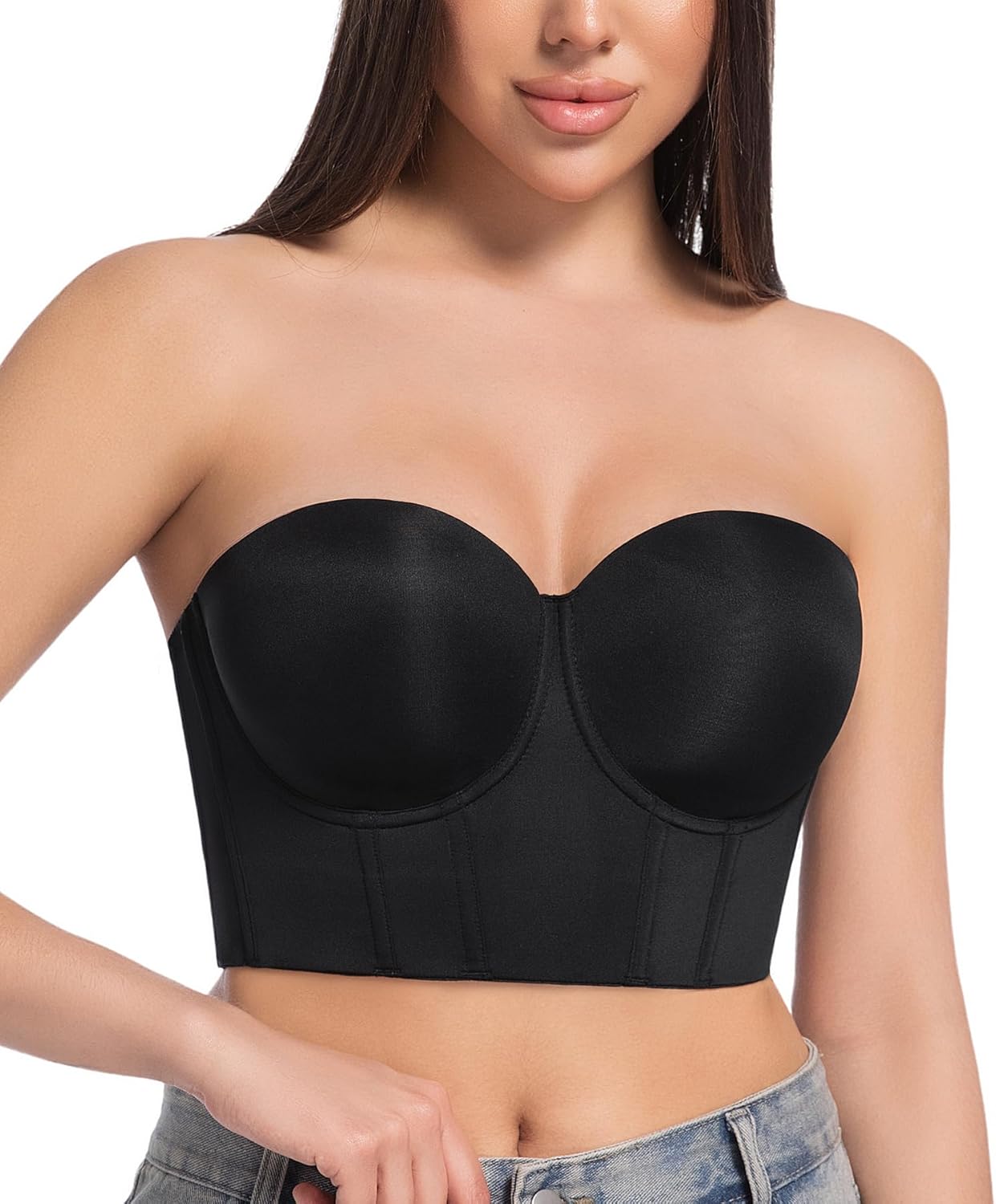 Women's Longline Strapless Full Figure Plus Size Corset Top Anti Slip Underwire Bra Hide Back Fat