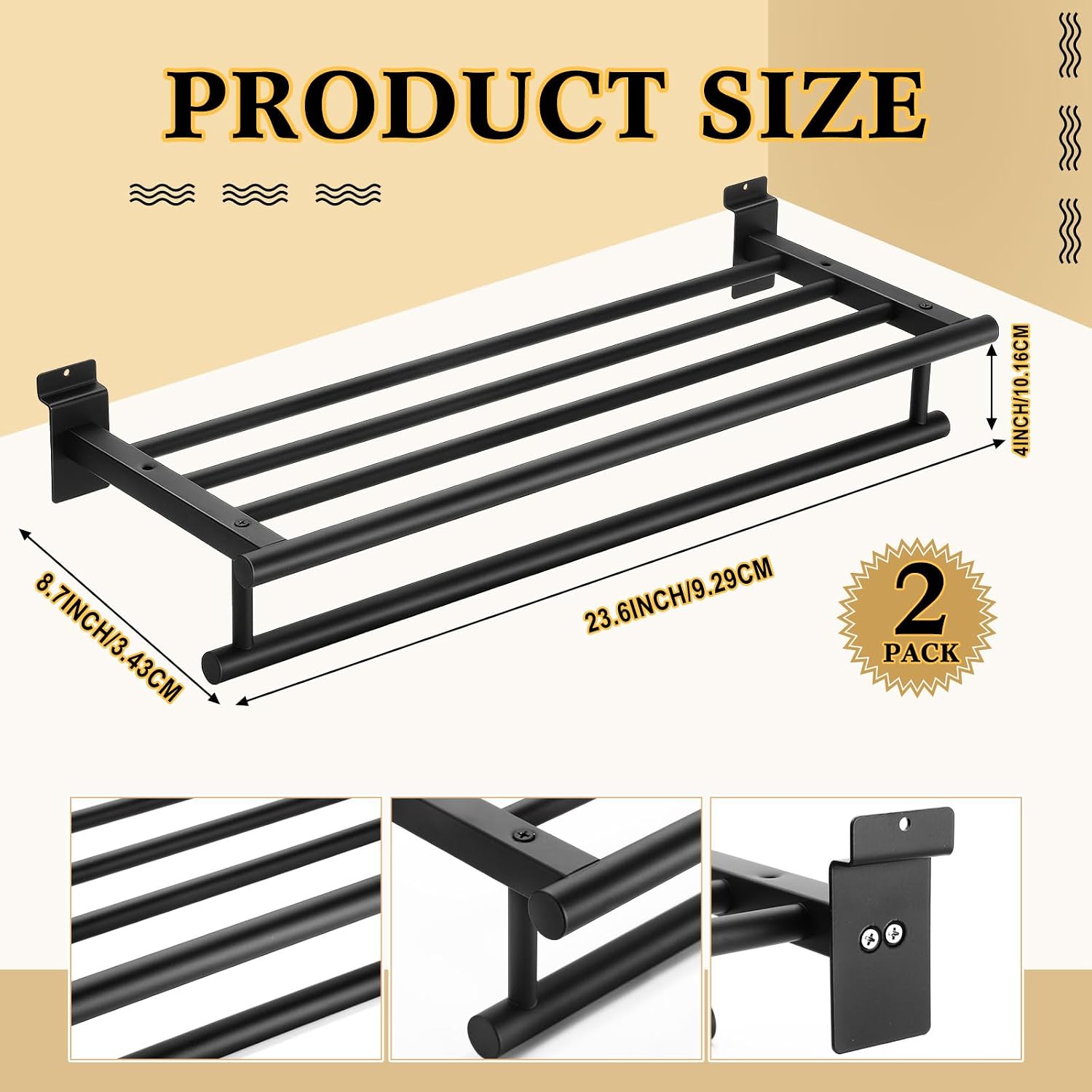 Zonon 2 Pcs Black Slatwall Shelf Clothes Rack with Metal Rectangular Tubing U Shaped Handrail Hanger Slatwall Shelving Organizer Accessories for Home Room Bathroom Garage Retail Display