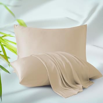 Bamboo Viscose Zippered Pillow Cases Standard Size Set of 2, 400 Thread Count Cooling Pillow Protectors for Hot Sleepers, Luxurious Hotel Quality - Silky, Soft, Breathable 20x26 Inches, Beige