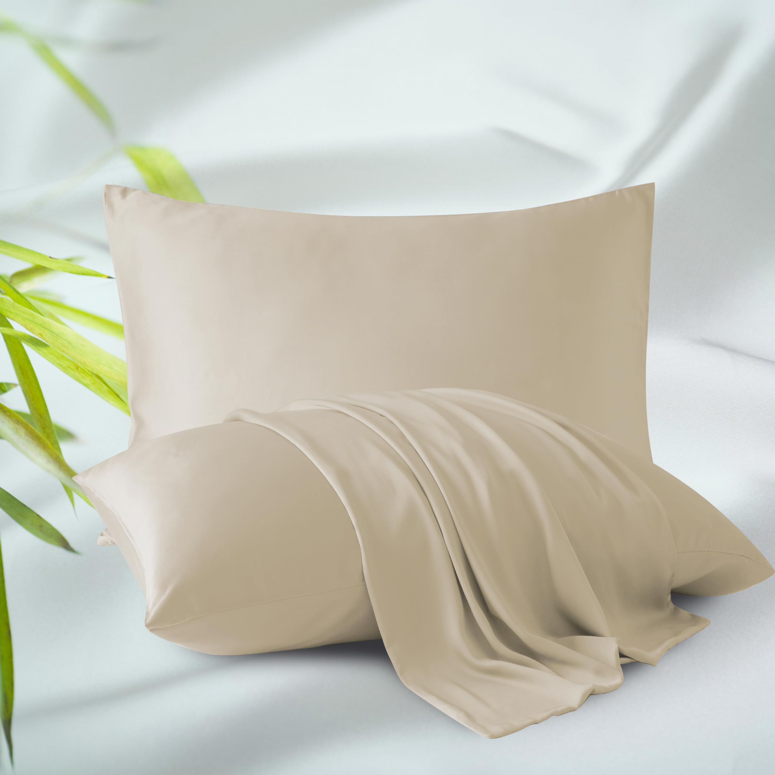 Bamboo Viscose Zippered Pillow Cases Queen Size Set of 2, 400 Thread Count Cooling Pillow Protectors for Hot Sleepers, Luxurious Hotel Quality - Silky, Soft, Breathable (20x30 Inches, Beige)