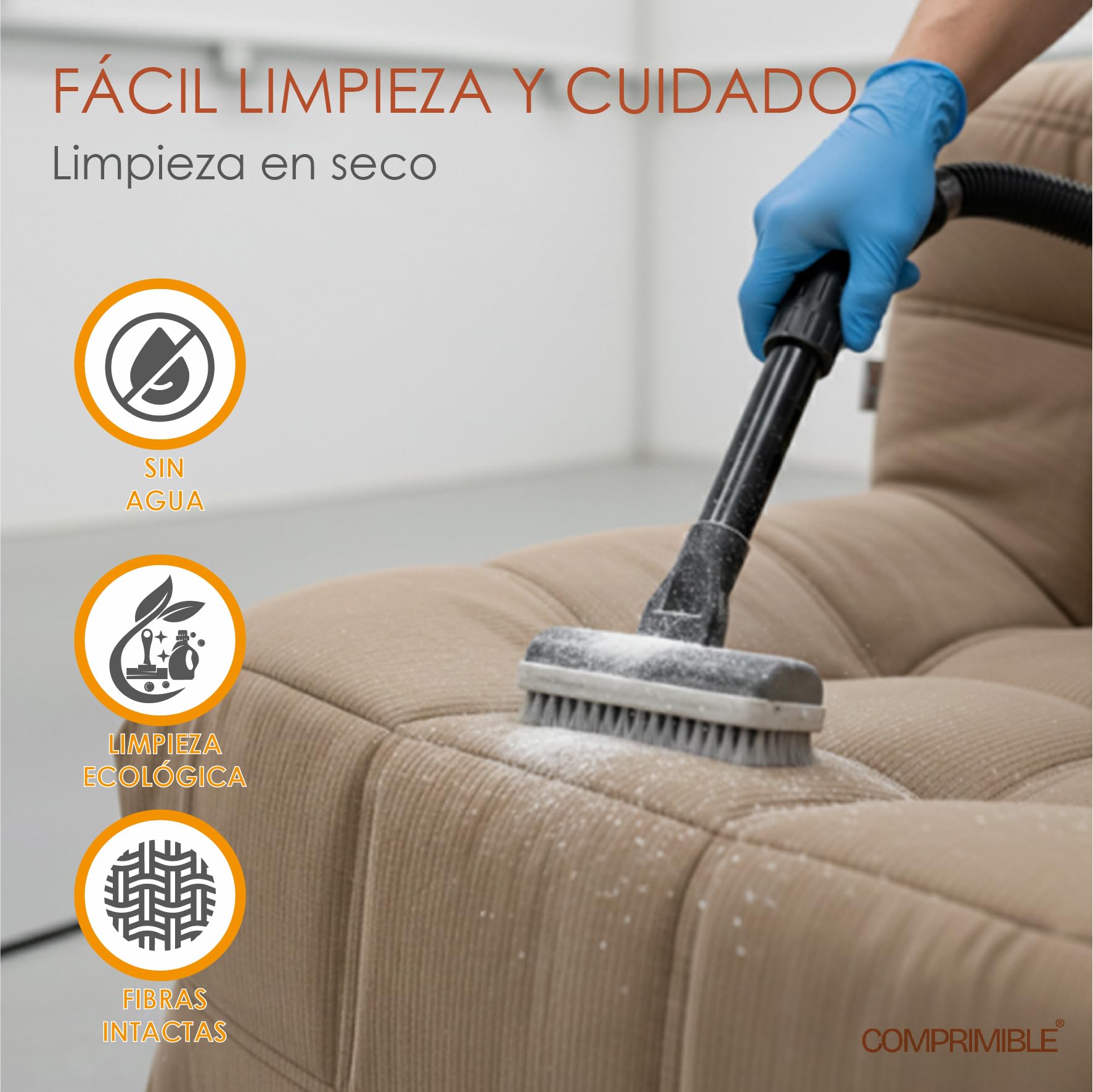 COMPRIMIBLE Icónico | Sofa Modular de 3 plazas con reposapies. Fabricado en Tela de Lana Resistente al Desgaste e Interior con Espuma polimérica de Alta Densidad. 275x90x75 (Blanco) | Polímero interior