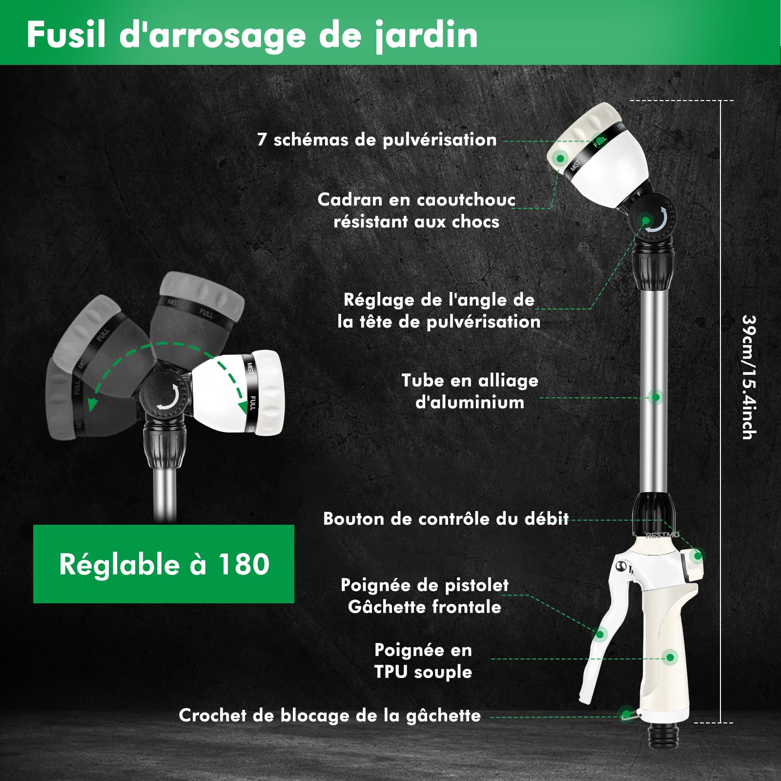 RESTMO Arroseur de Jardin en Métal, 42 cm de Long, avec Manche, Tête Pivotante à 180°, avec Contrôle du Débit, 7 Modes de Pulvérisation, Baguette Magique pour Suspensions de Fleurs et Arbustes, Blanc