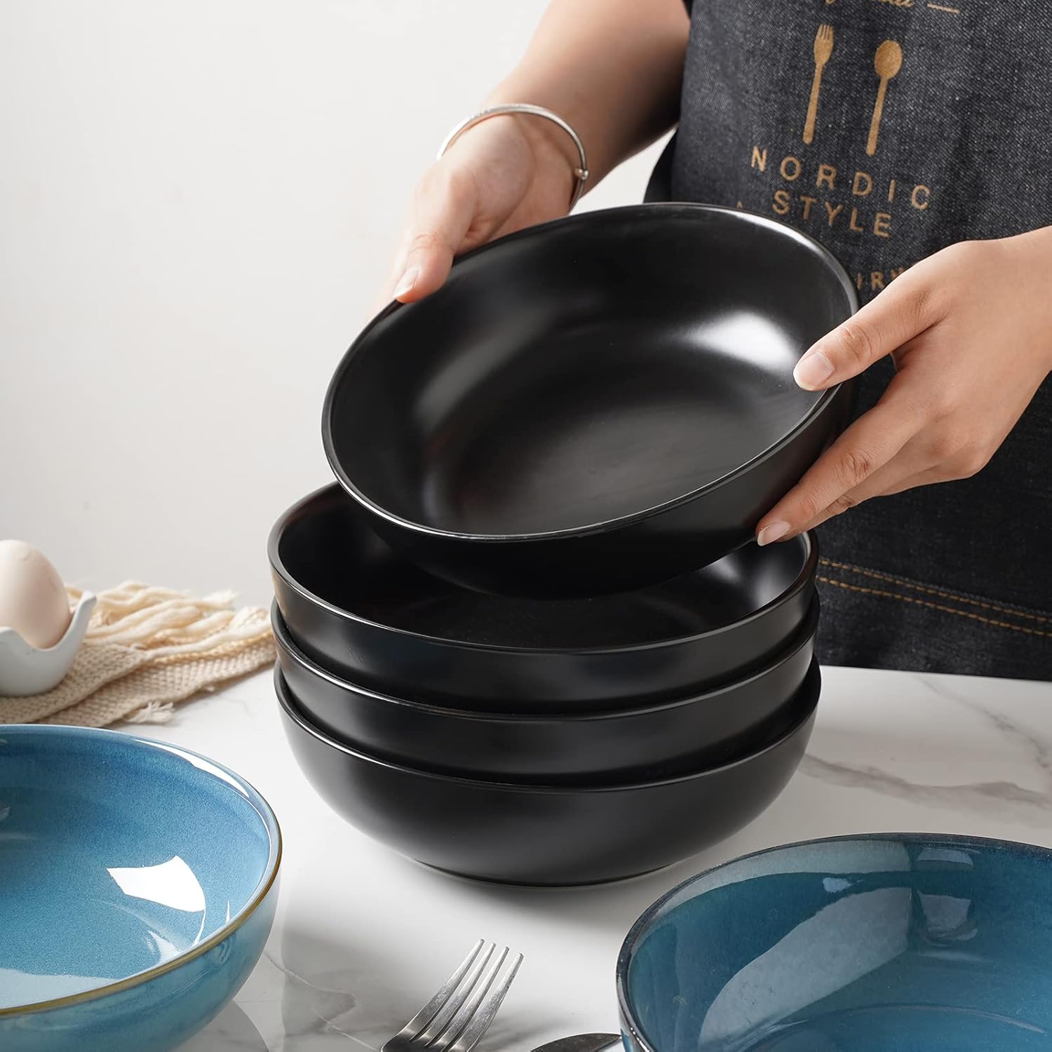 Selamica Ceramic Pasta Bowls Set of 4,Stackable Serving Bowl, Microwave Dishwasher Safe, Matte Black - Image 5