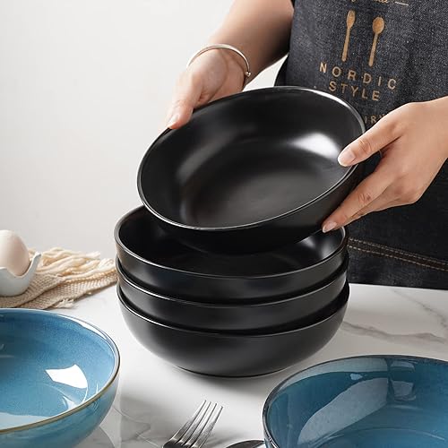 Miniatura 5 de Selamica Juego de 4 cuencos de cerámica para pasta, apilables, aptos para microondas y lavavajillas, color negro mate