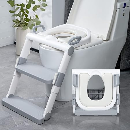 Potty Training Seat with Step Stool Ladder, SKYROKU Potty Training Toilet for Kids Boys Girls Toddlers - Comfortable Safe Potty Seat with Anti-Slip Pads Ladder Grey main image 0
