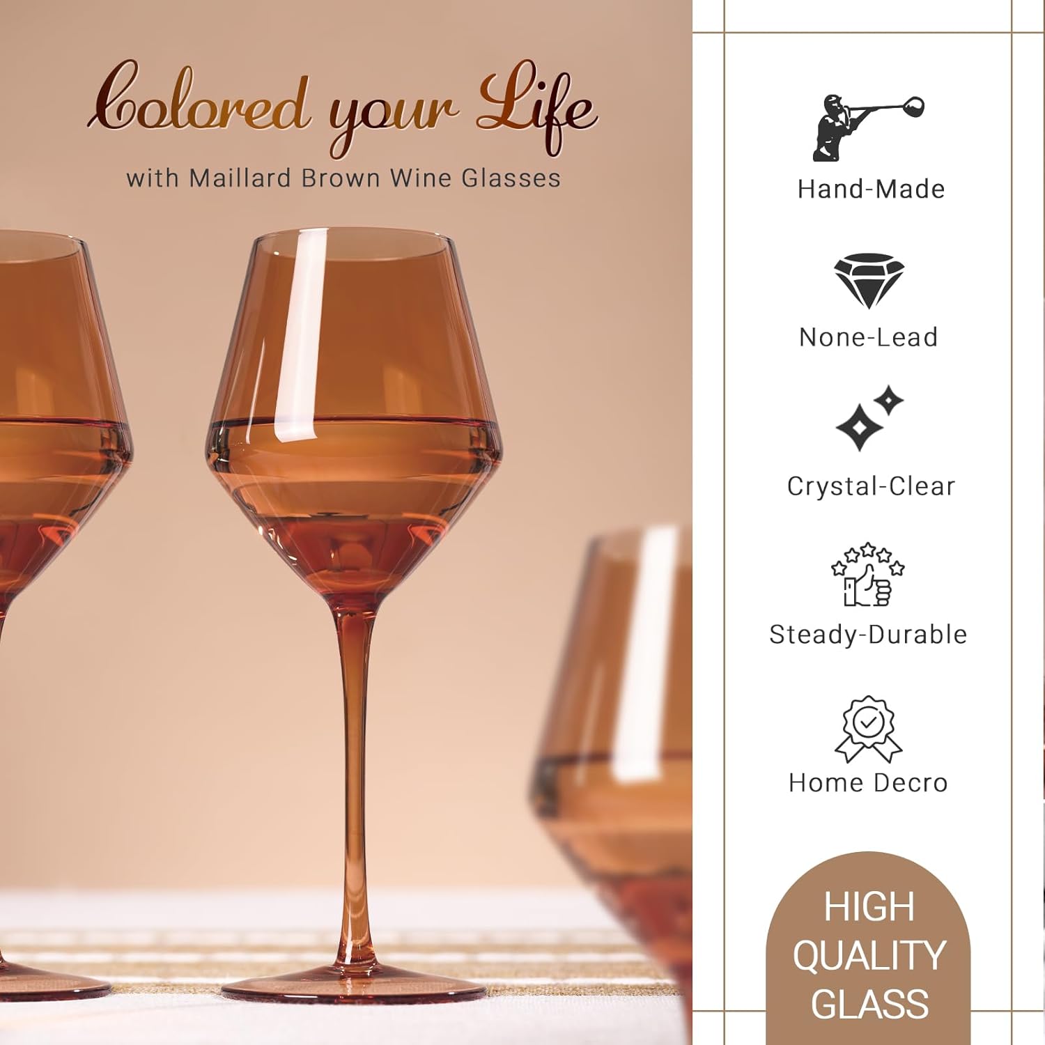 Brown Wine Glasses Set 6-16oz Long Stem-African American Wine Glasses - Hand Blown Amber Stemware for Wedding,Birthday Party for Kwanzaa - Image 3