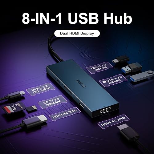 Miniatura 9 de Adaptador USB C a HDMI dual 4K a 30Hz, adaptador multipuerto USB C Hub KOZYC con 2 HDMI, USB 3.0, 100 W PD, compatible con divisor USB C a HDMI
