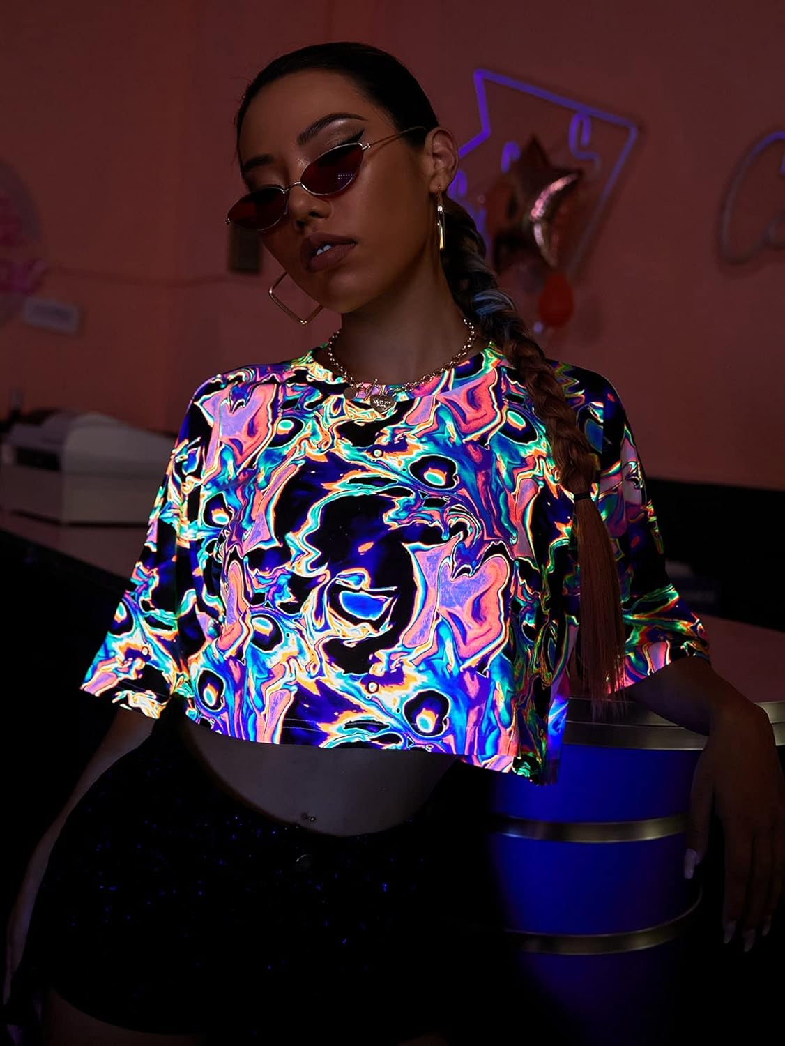 Floerns Women's Casual Reflective Short Sleeve Round Neck Crop Tops T Shirts - Image 3