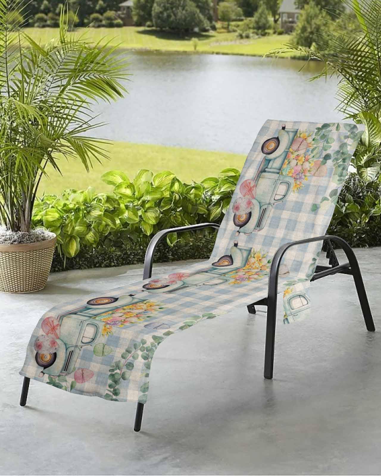 Easter Truck Beach Chair Towel Covers for Chaise Lounge With Side Pocket, Soft Plush Pool Towels Cover for Patio Sunbathing Outdoor 29''x85'' Blue Watercolor Eucalyptus Leaves Floral Egg Plaid
