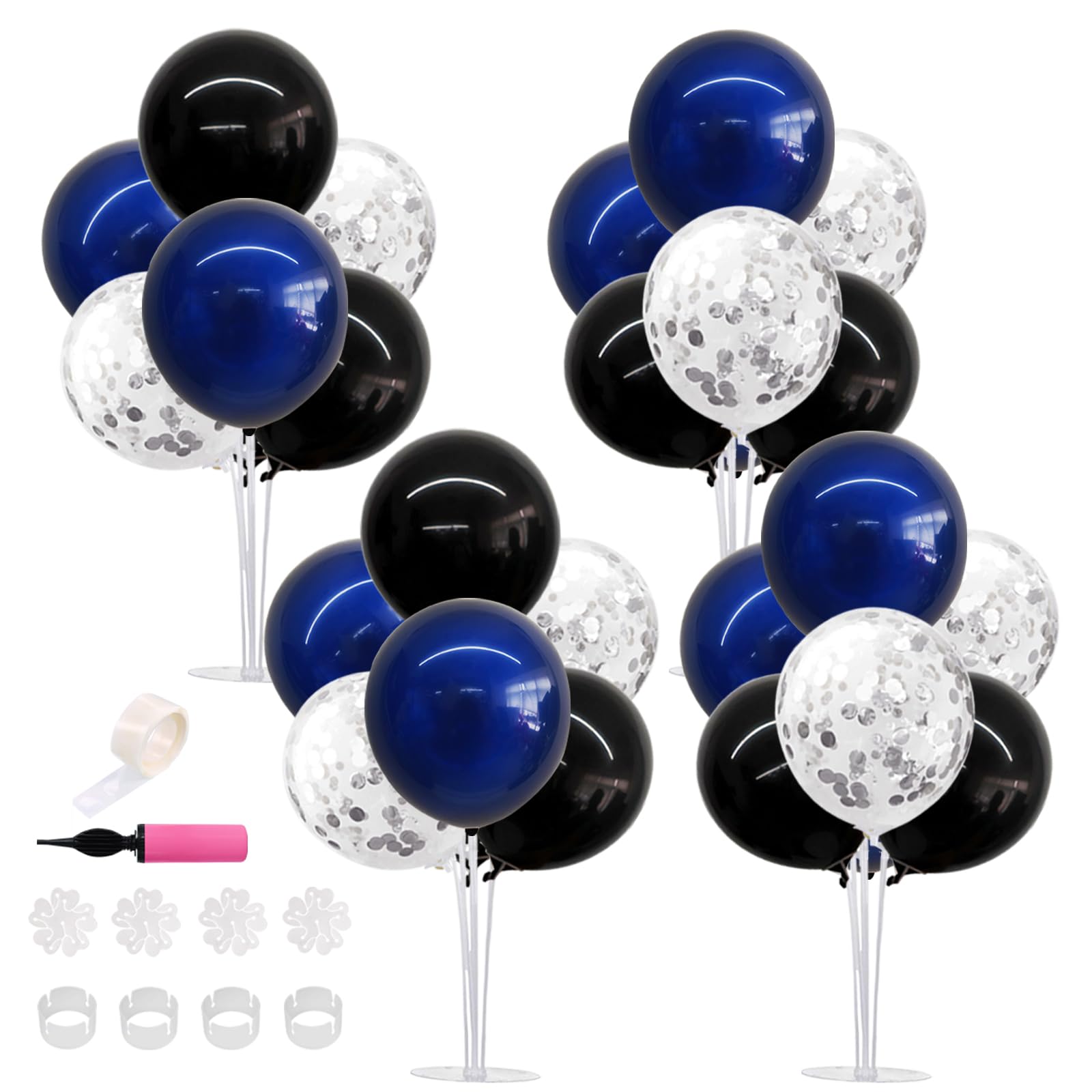 TONIFUL 4 Set Black Blue Silver Confetti Balloon Centerpieces for Table,Balloon Stand Kit for Graduation Decorations 2026 Blue Party Decorations,