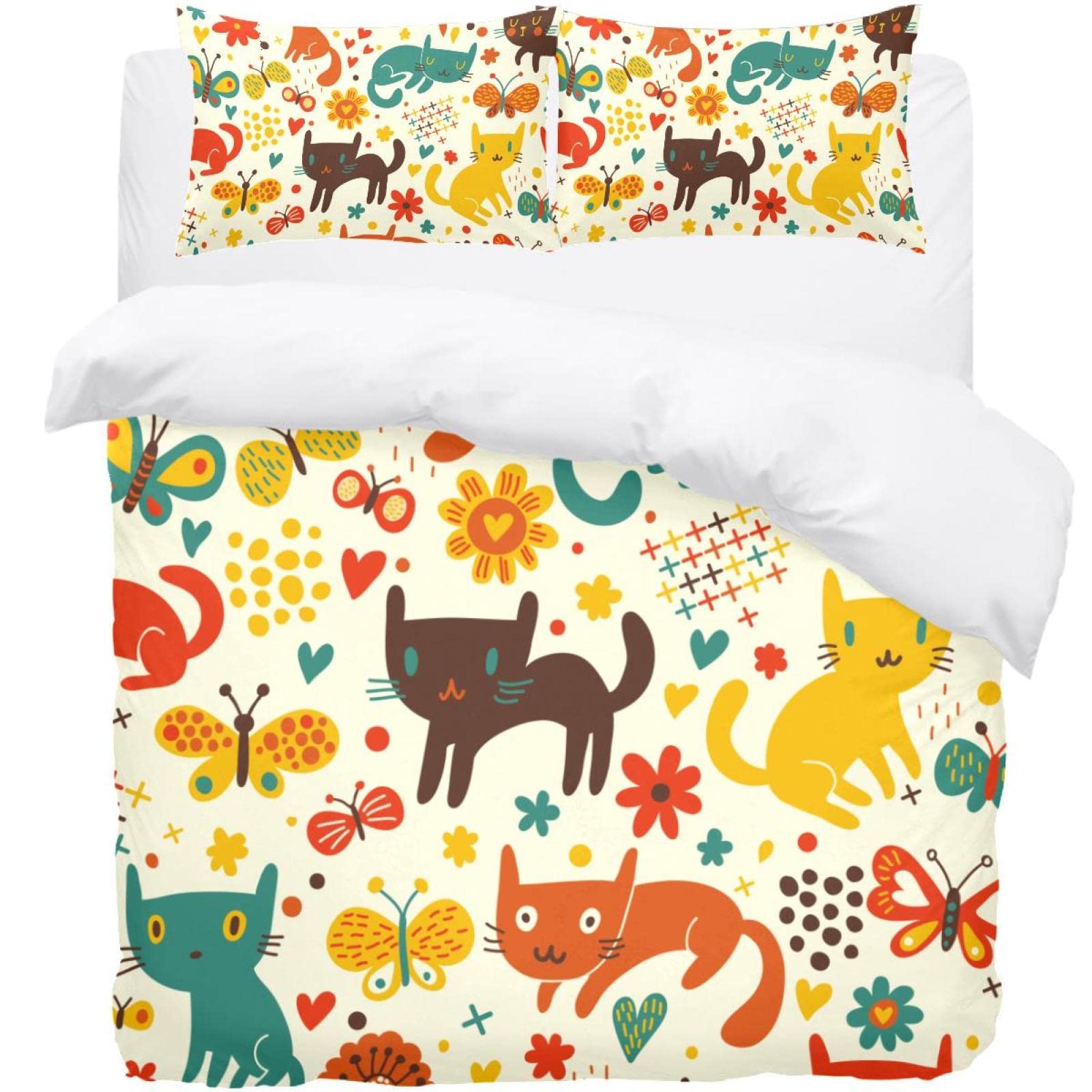 Parure de lit rétro housse de couette chat papillon fleurs linge de lit imprimé