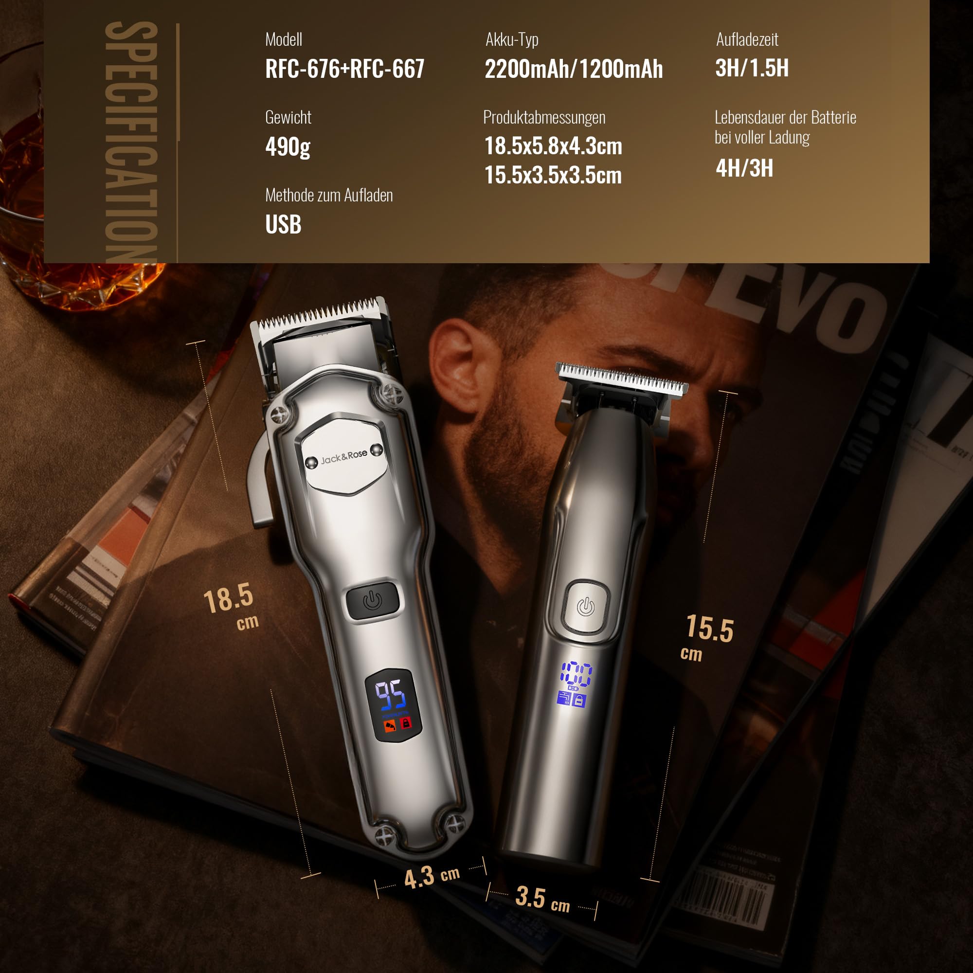 Jack & Rose Haarschneidemaschine Profi Haarschneider Kabellos Wiederaufladbar IPX7 Wasserdicht Bartschneider Herren Pflegeset