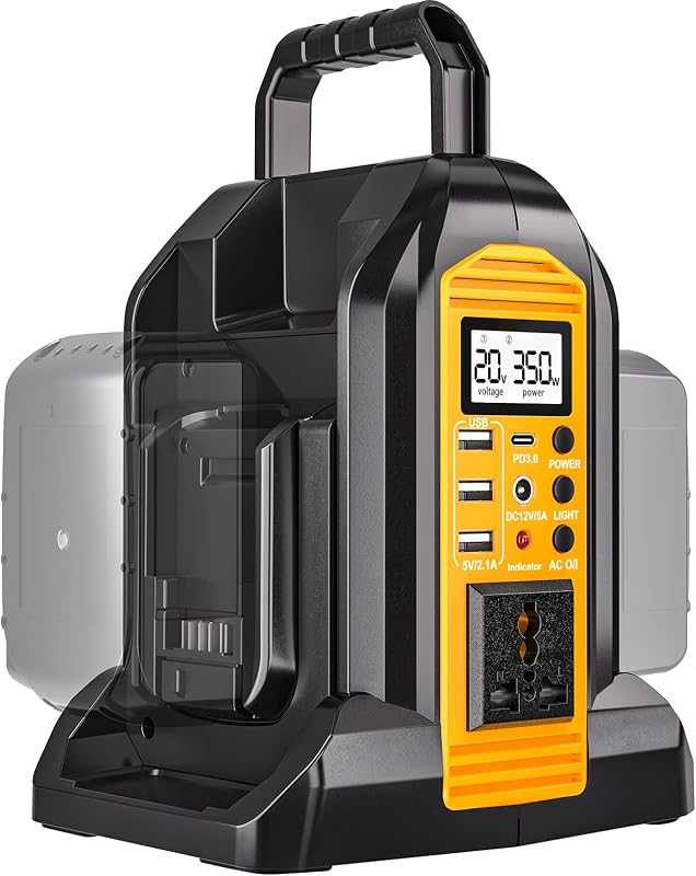 DTEZTECH 350W Power Inverter for Dewalt 20V Batteries | Dual Battery DC 20V to AC 120V, Pure Sine Wave, 3 USB Ports & LED Work Light, Portable Camping & Emergency Power Station