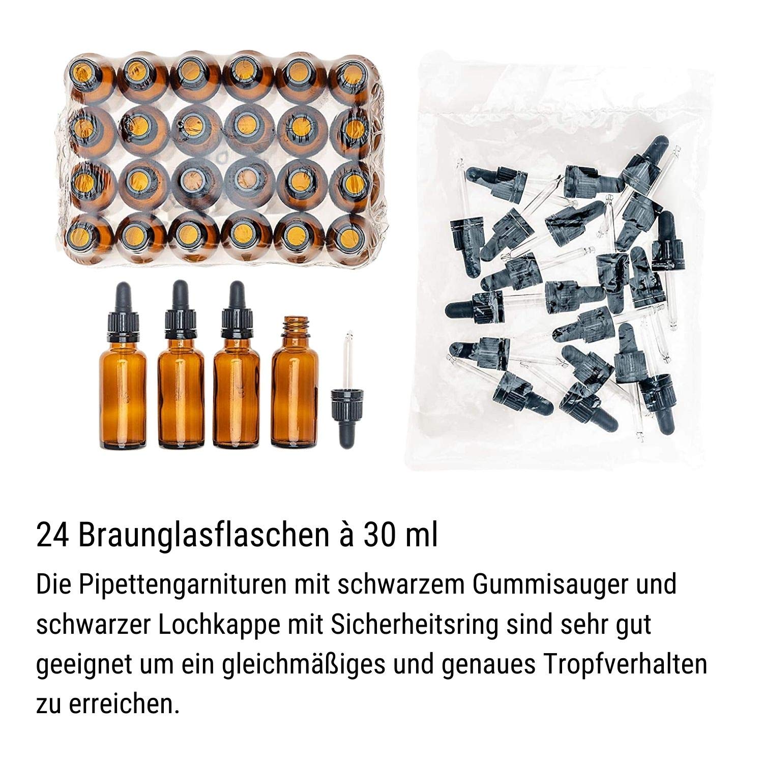 30 ml butelka z brązowego szkła, 24 sztuki w bezpiecznym opakowaniu, z pipetą czarna, jakość farmaceutyczna, wyprodukowana zgodnie z GMP ISO 13485, "Ready to use" – do natychmiastowego użytku, bez spłukiwania