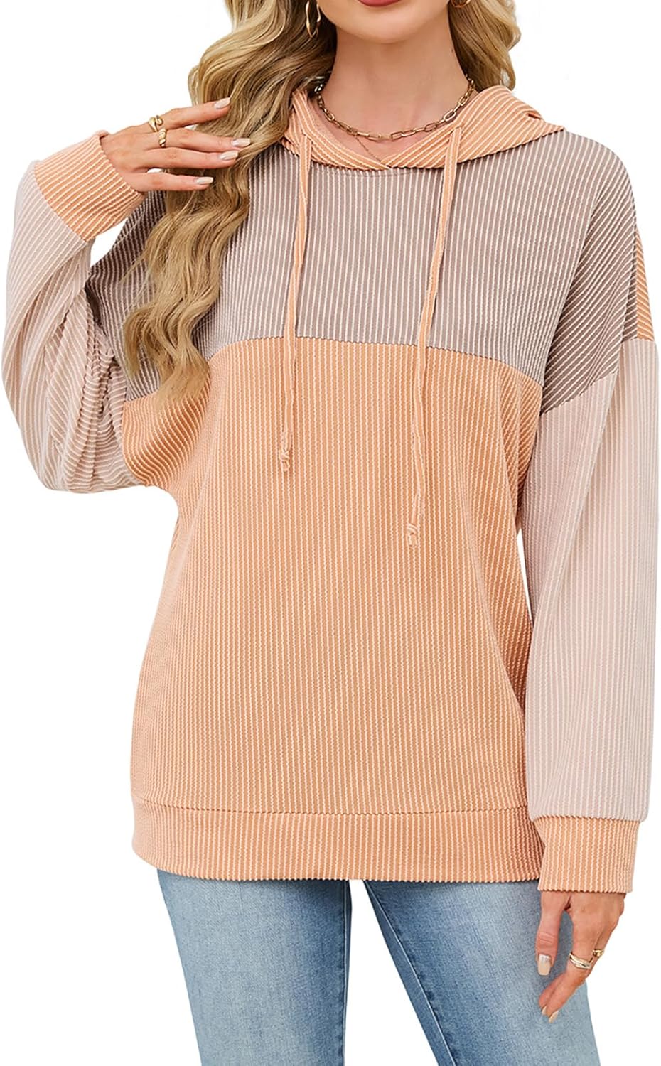 Women Color Block Oversized Hoodies Sweatshirt Casual Long Sleeve Hoodies Drawstring Sweatshirt Pullover - Image 2