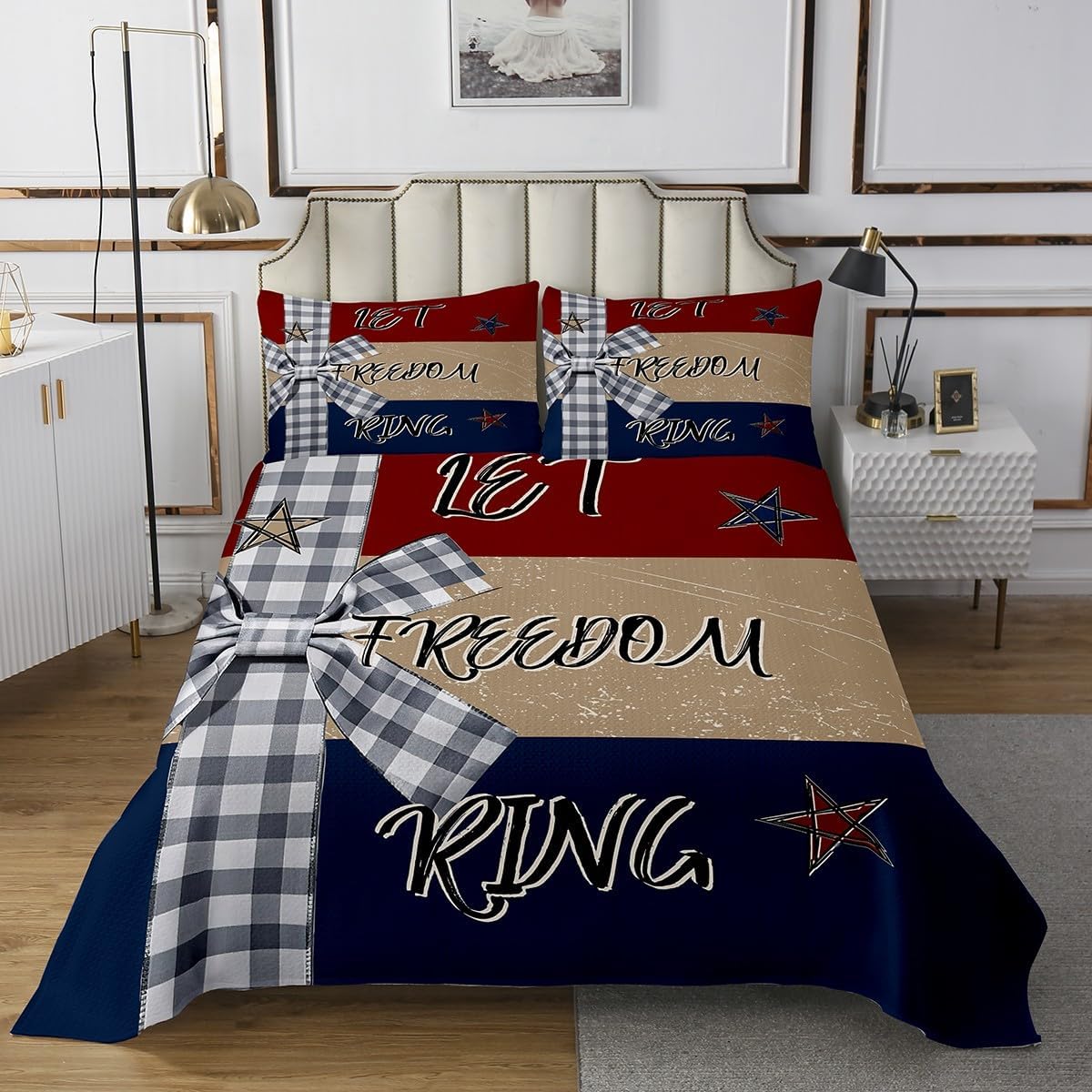 jejeloiu Independence Day Bedspread Queen Size 4th of July Coverlet Set Cute Bowknot Quilted Coverlet for All Season with 2 Pillowcases Patriotic Microfiber Lightweight