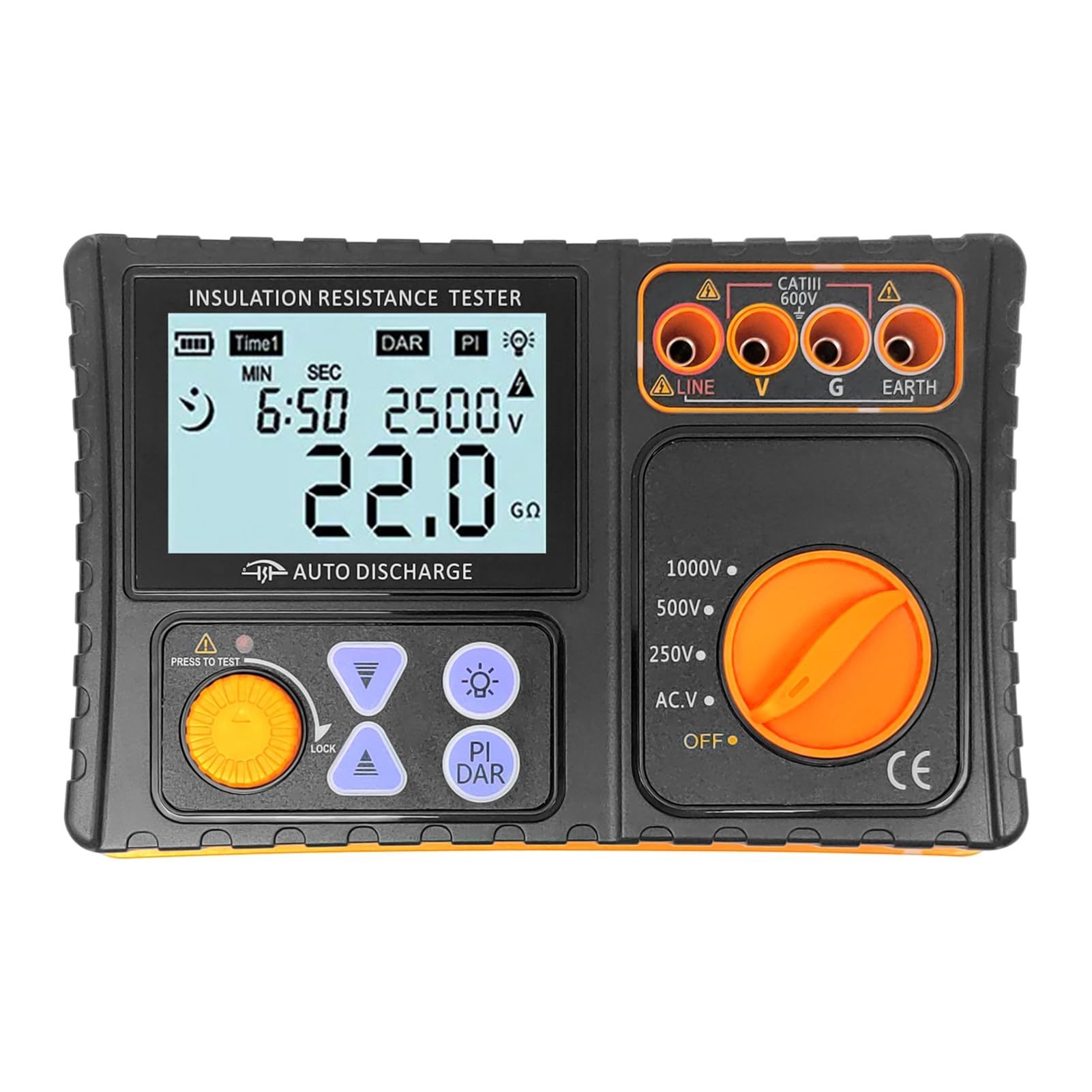 Probador de Aislamiento Digital, Pantalla LCD, Alta Precisión, Alarma de Timbre, Niveles de Voltaje Múltiple, Naranja, Plástico, Prueba de Voltaje de CA, para Pruebas de Equipos