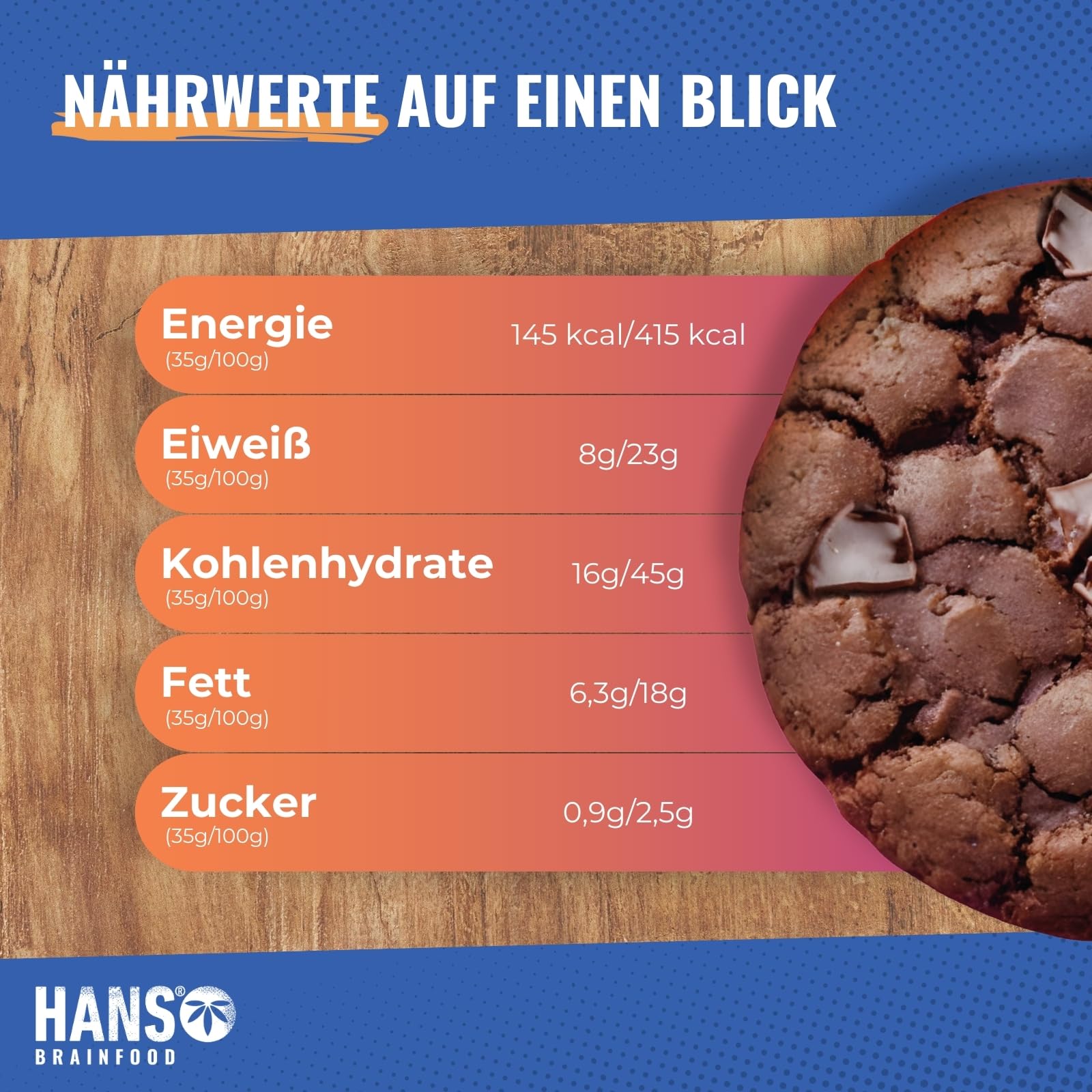HANS Brainfood High Protein Cookie Schokolade 1400g (36x35g) mit weniger als 1 Gramm Zucker und 8g Protein pro Cookie - Proteinriegel, Low Carb, Schoko - Protein-Bar ohne Zucker