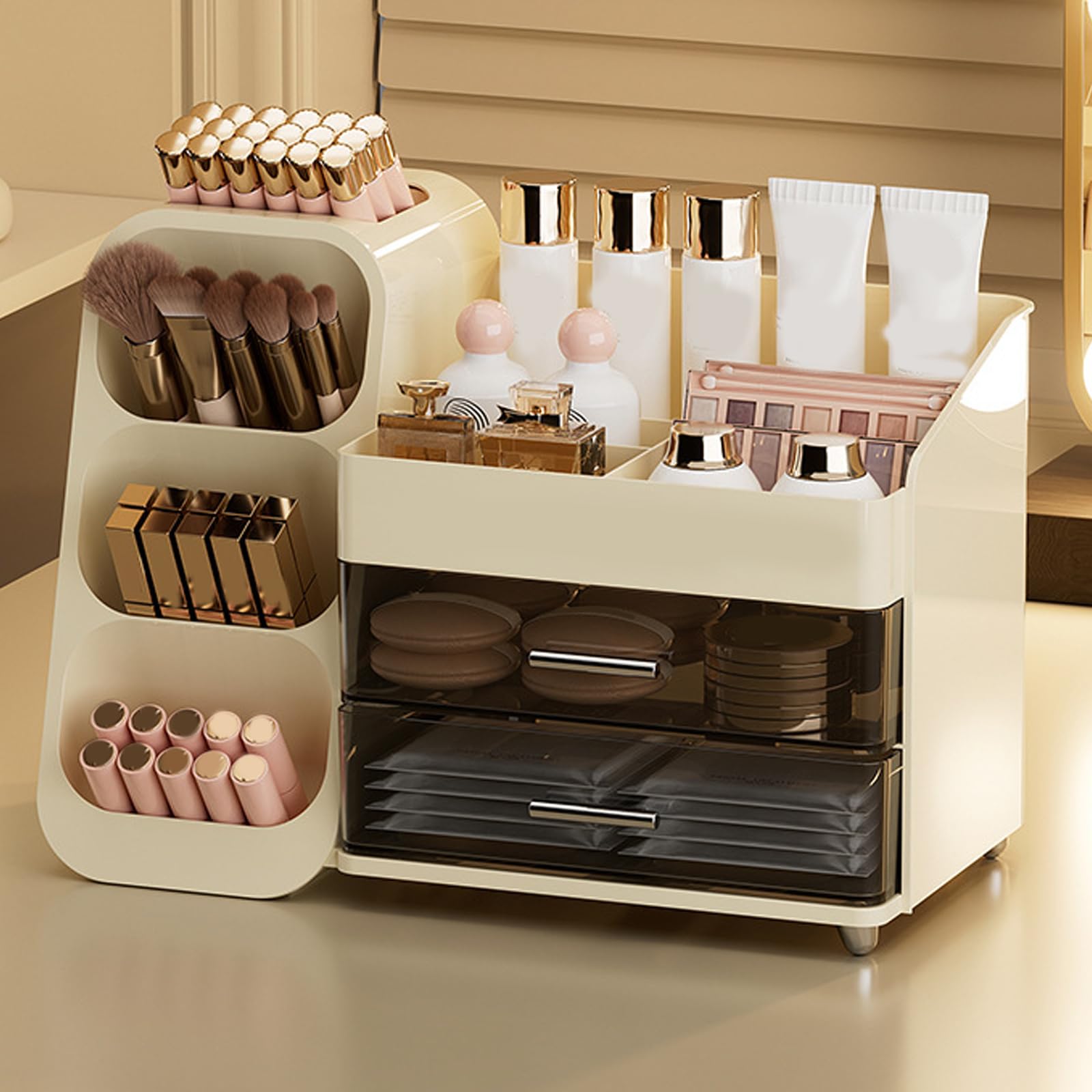 Effiziente Make up Aufbewahrungslösung mit Fächern für Kosmetika, transparente ABS Box, praktische kompakte Vitrine, Make up Organizer mit Schubladen