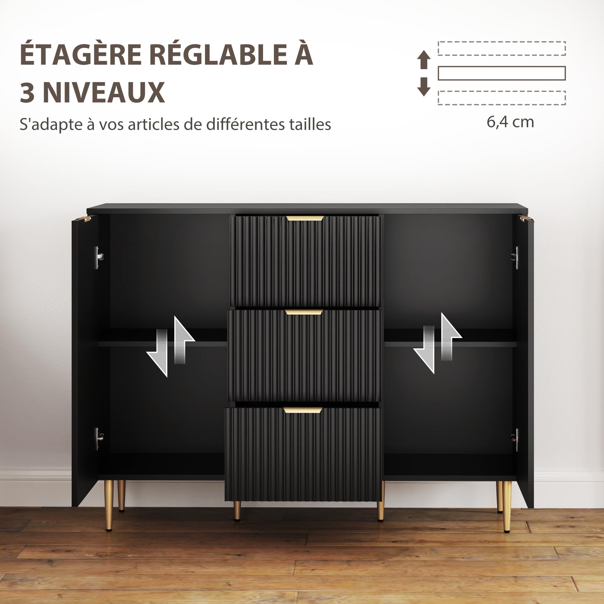 HOMCOM Buffet avec 3 Tiroirs Étagères Réglables 120 x 40 x 90 cm Noir