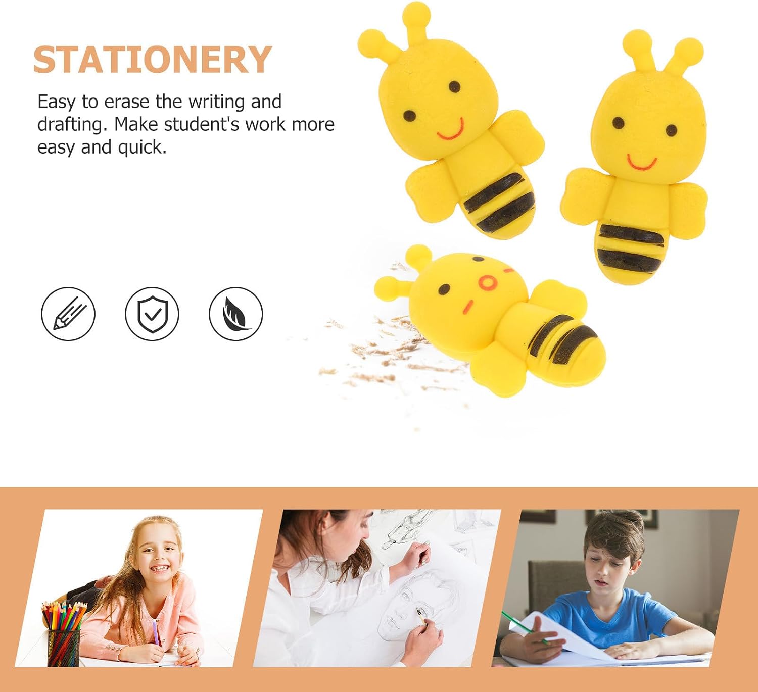 60pcs Bee Pencil Erasers Mini Detachable TPR School Supplies | Yellow Puzzle Pieces, Strong Mark Removal, Travel and Homework Use, Cute Novelty Shape for Students