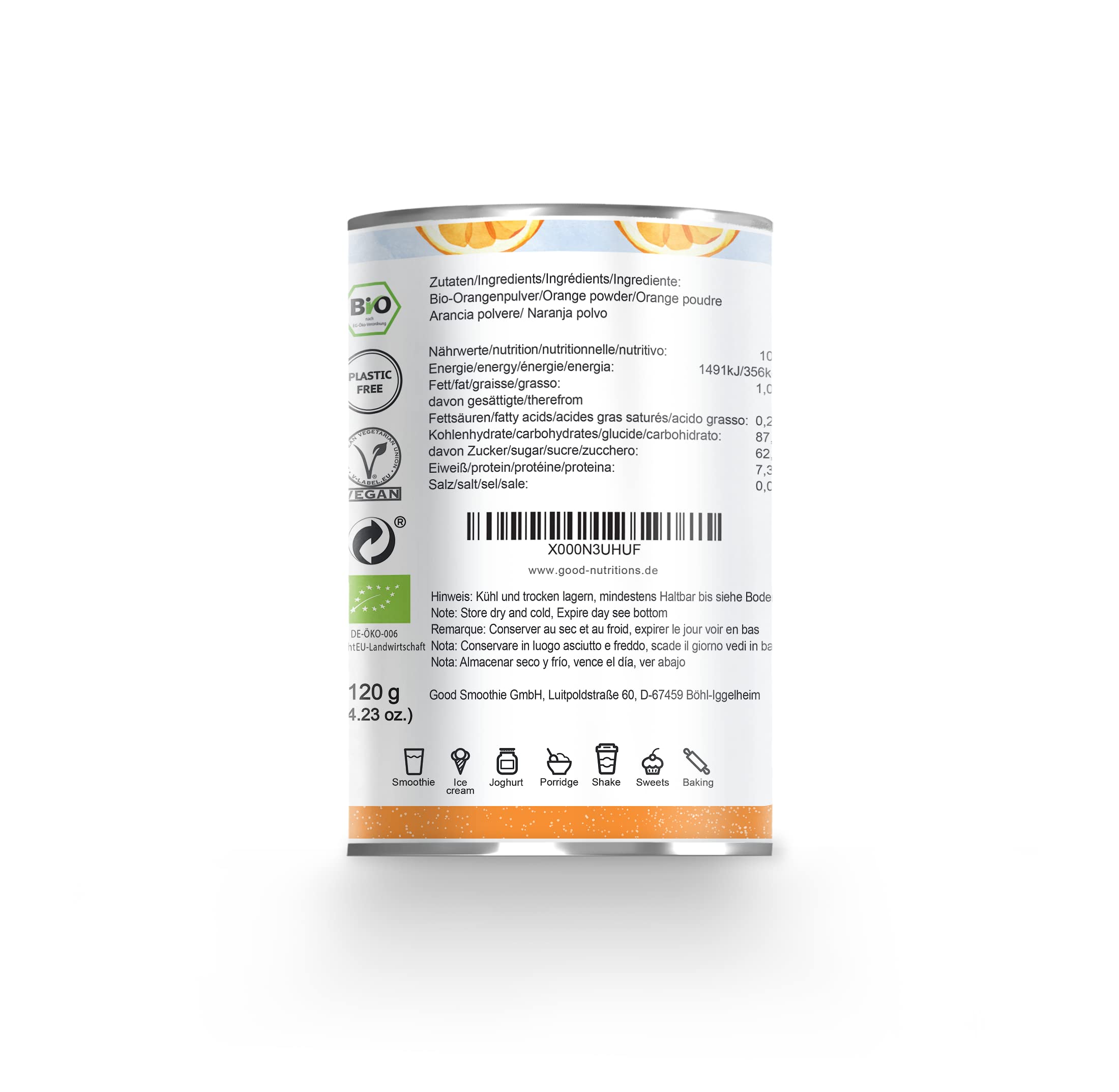 Naranja en Polvo - Liofilizado|biológico|vegano|crudo|pura fruta|no aditivo|rica en vitamina|Good Nutritions 120g