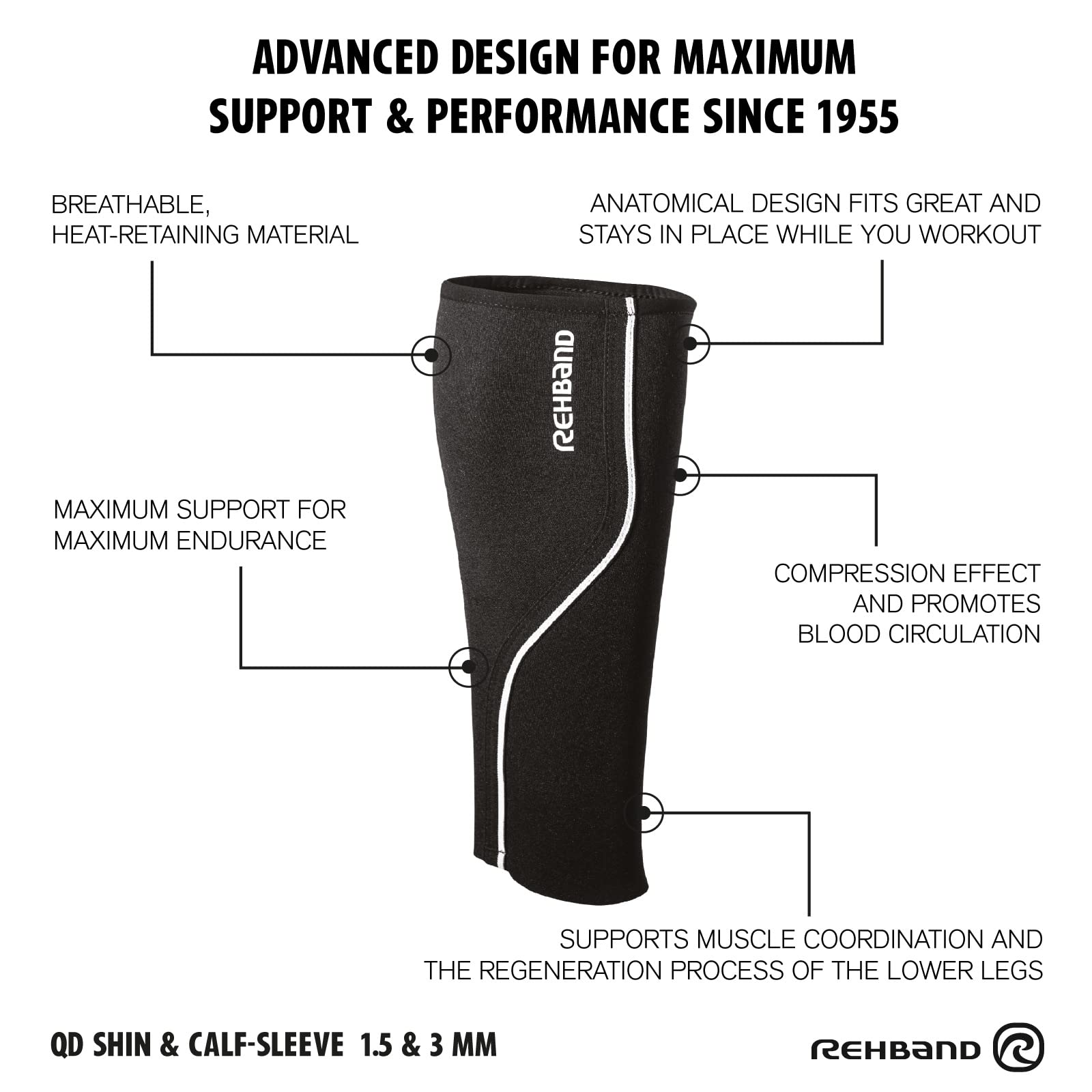 Rehband QD Schienbein-& Wadenbandage, Größe XS/S/M/L/XL - 3 mm Neoprenbandage für Laufen, Klettern & Handball, passgenauer Schienbeinschutz, entlastet und bietet Kompression, Farbe:Schwarz, Größe:XL