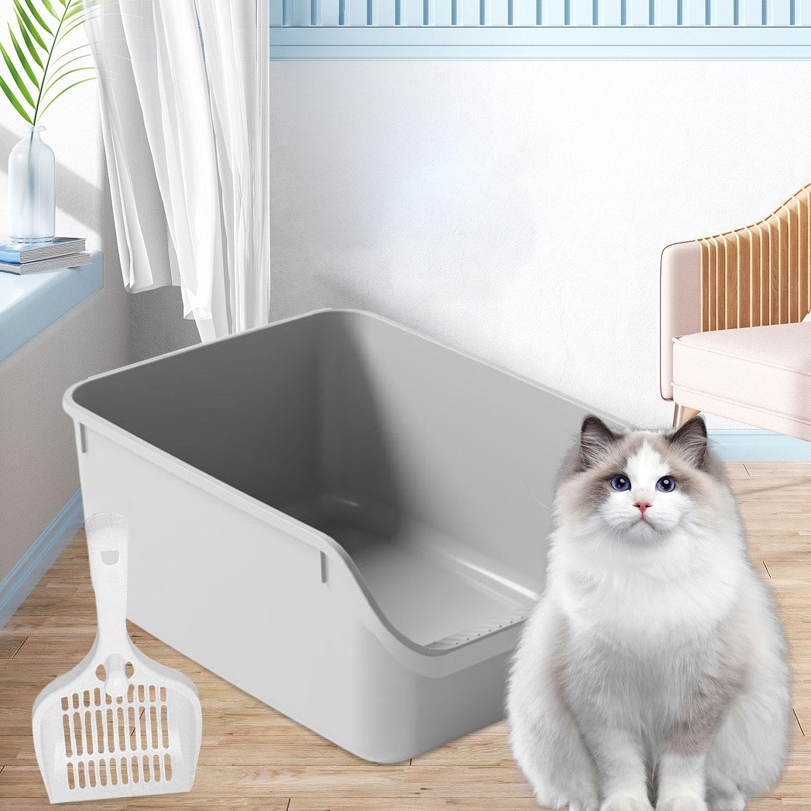 Milageto Caja de Arena para Gatos con Tapa Abierta, Bandeja de Arena Semicerrada, Bandeja de Arena para Gatos Fácil de, Arenero para Mascotas con T, Gris