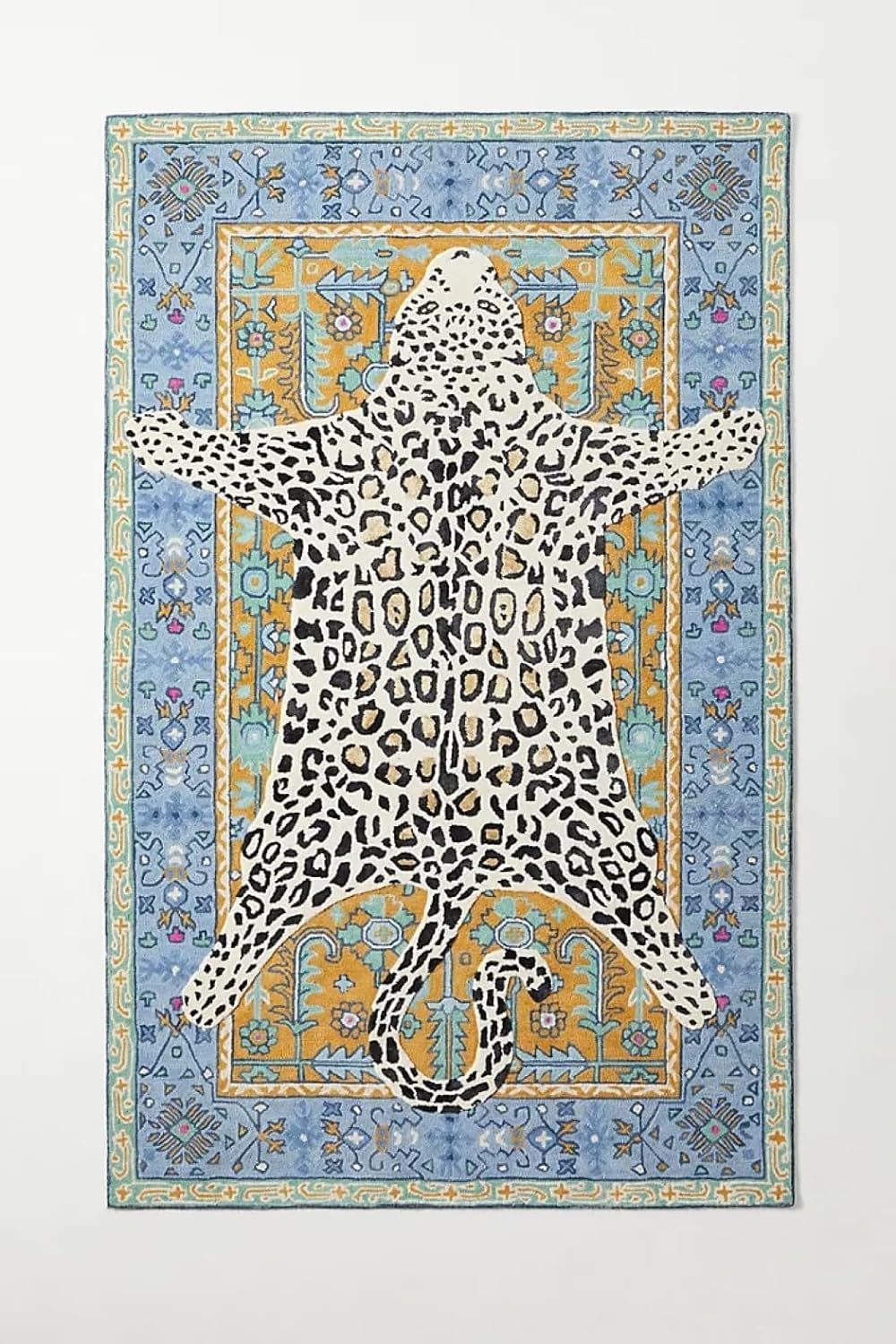 Restopuff Modern Leopard Wool Rug with Persian Background | Handmade, Animal Print Cheetah Area Carpet for Living Room, Bedroom and Kitchen Decor (Blue, 5 x 8 feet)