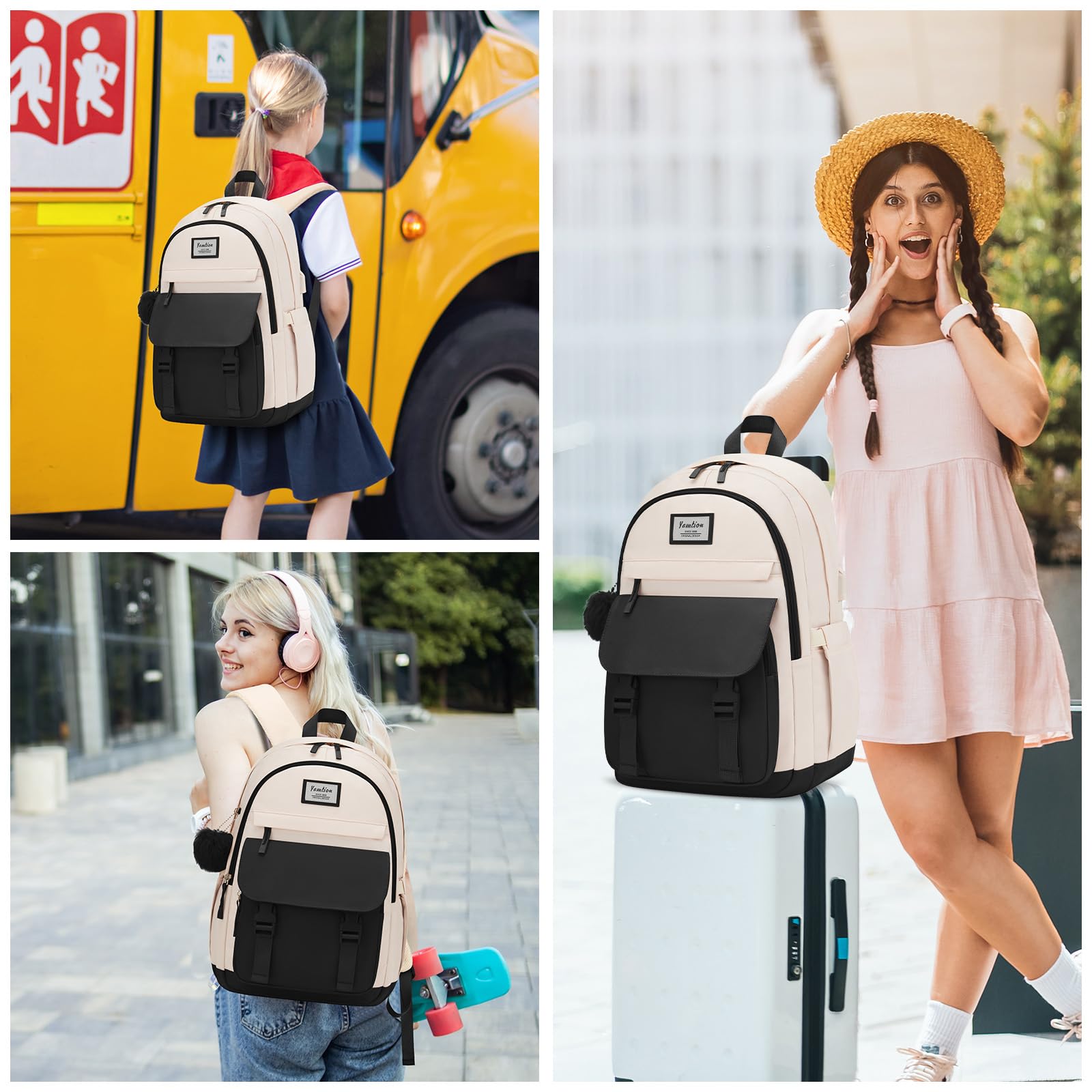 YAMTION Sac à dos d'école 3 pièces pour adolescentes, filles et femmes, ensemble de sac à dos kawaii avec sac à déjeuner et trousse à crayons pour l'école