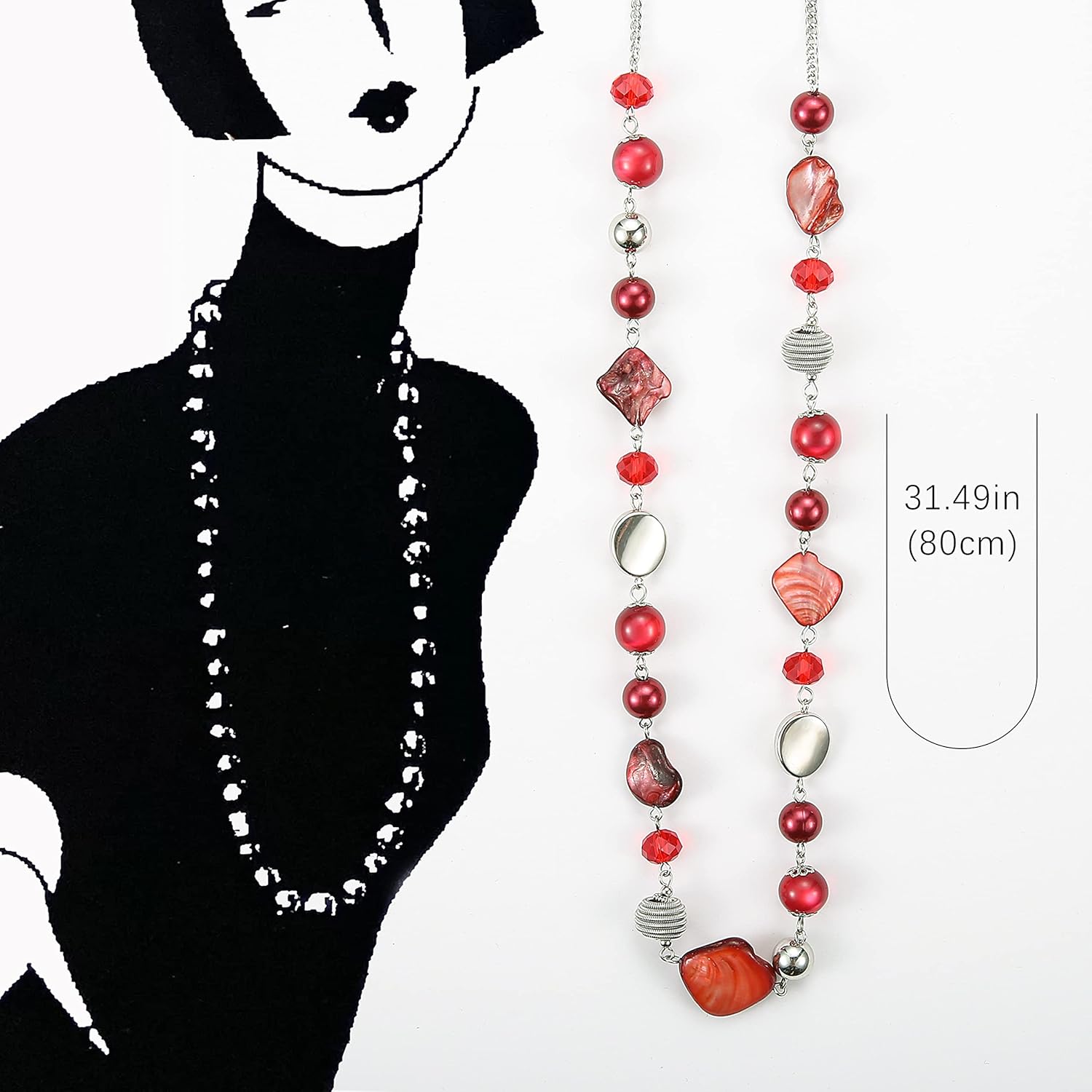 FULU AUTUMN Long Beaded Necklaces for Women Silver Link Chain Necklace with Shell Crystal Beads, Party Gifts for Her - Image 5