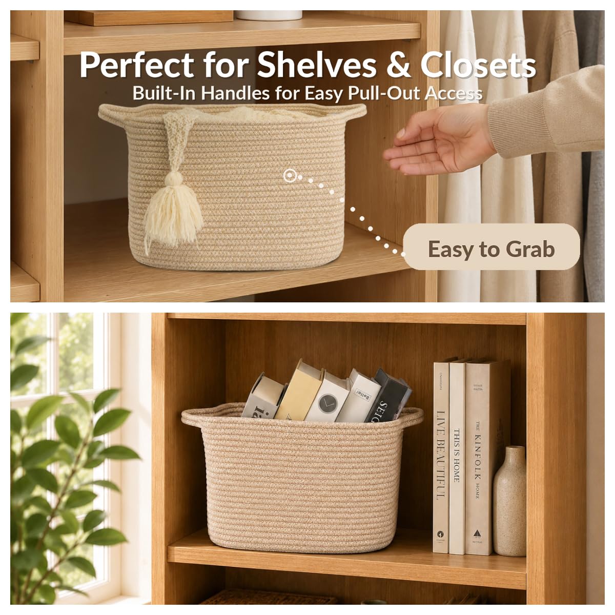 XUANGUO Woven Cotton Rope Storage Basket with Handles 13x10x9 inch Oatmeal