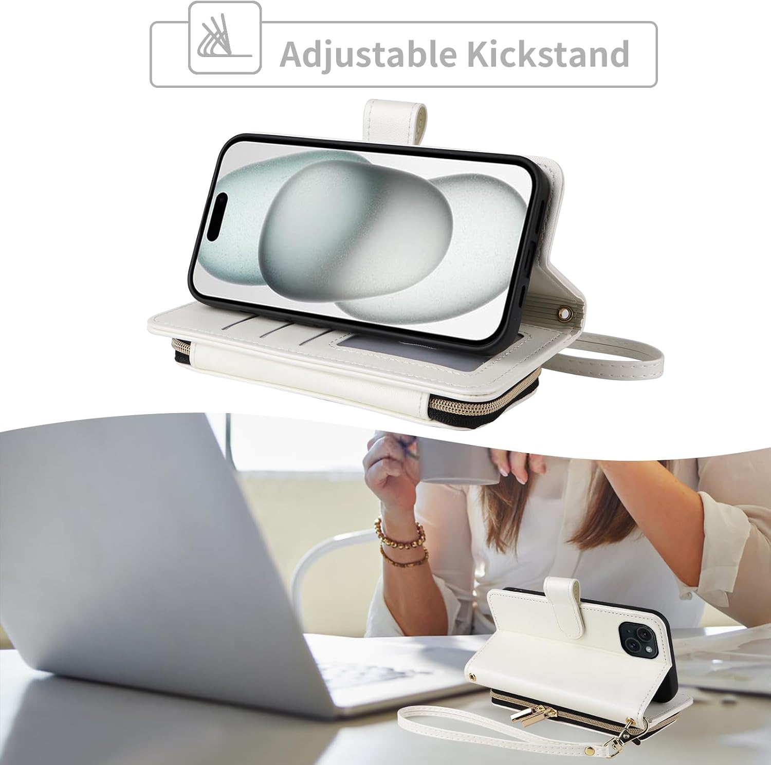 Wallet Case for iPhone 14 Plus 6.7 inch with Wrist Strap, Shoulder Strap, 9+ Card Slots Leather Stand Cell Phone Cover for i-Phone 14+ iPhone14Plus 5G i i14 + iPhone14 14Plus Women White - Image 3