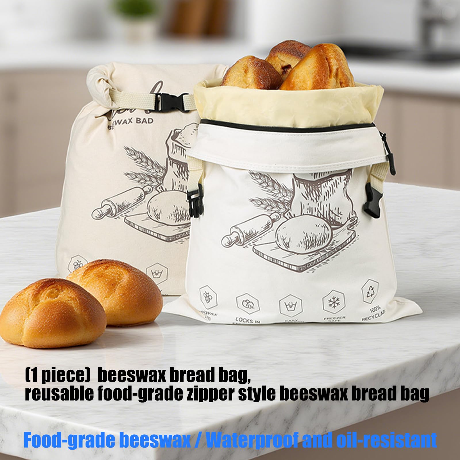 Borsa per alimenti in cotone biologico con fascia elastica e moschettone, essenziale per pane, formaggio, picnic, cibo