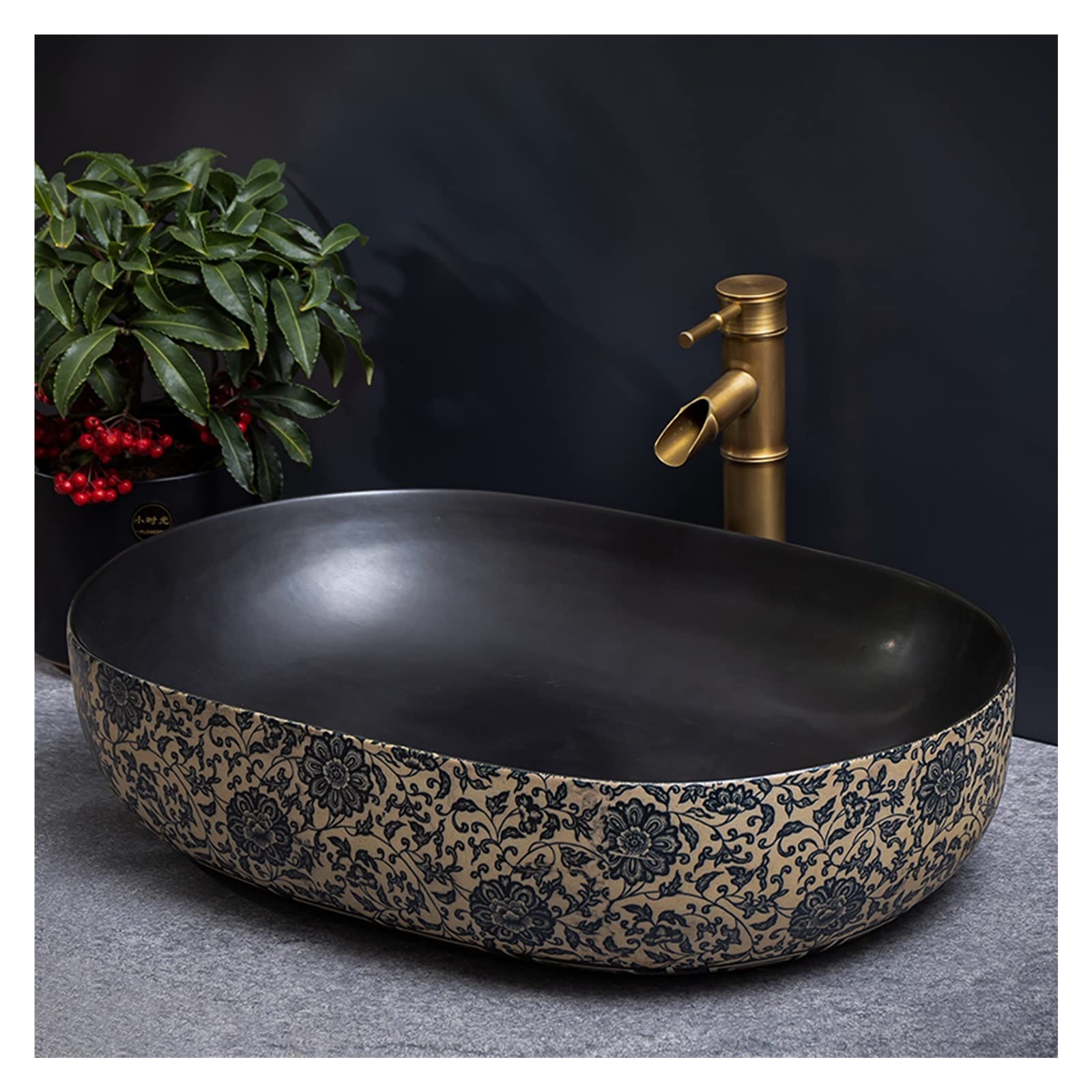 ASerZenith Vintage Vessel Sink, Bathroom Above Counter Porcelain Ceramic Sink Bowl Art Basin With Bamboo Shape Faucet, Lavatory Vanity Sink