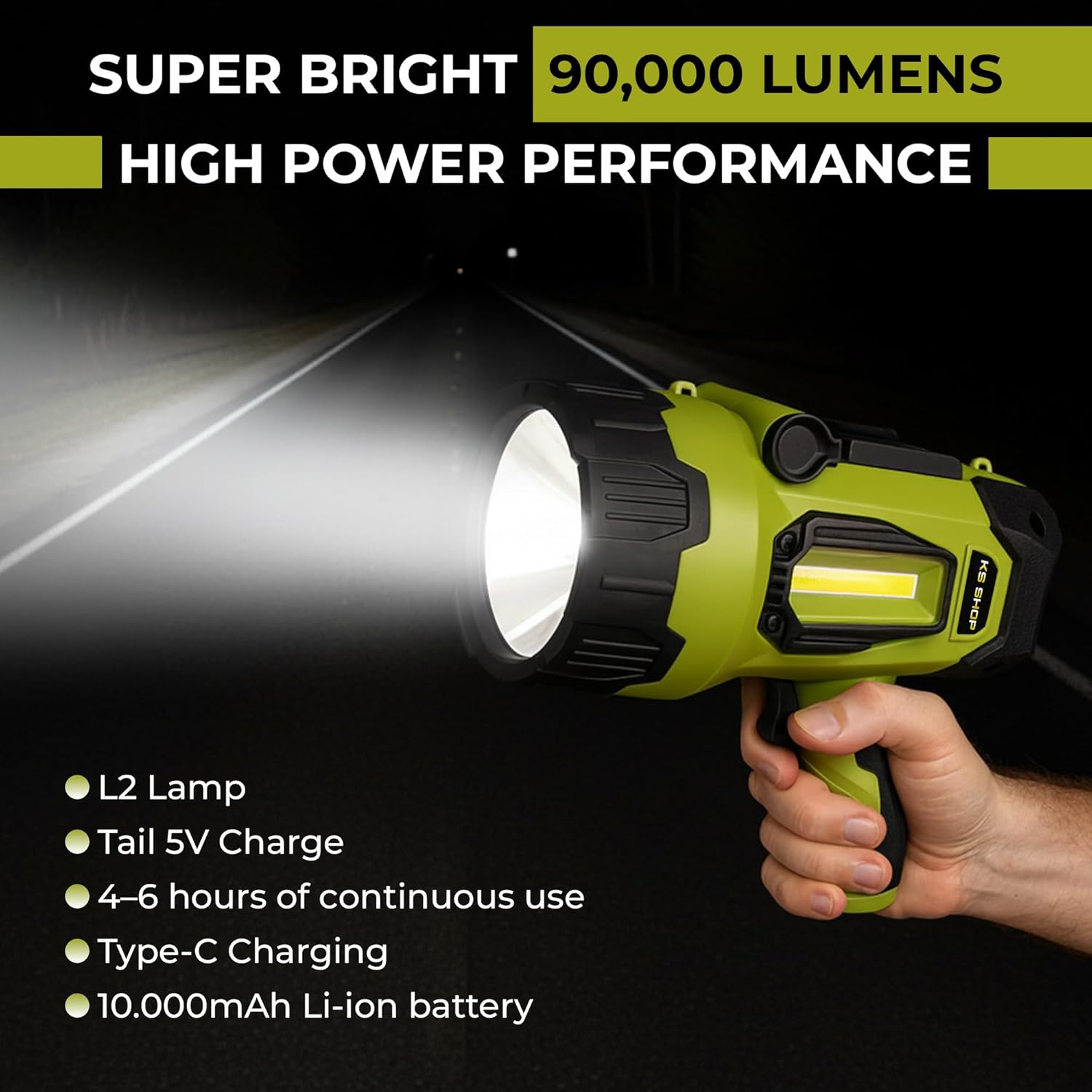 Camping Lantern Rechargeable - Led Spotlight Flashlight 90,000LM With 10,000mAh (6 To 12 Hours Of Runtime) - Usb-c Fast Charging- Outdoor Handheld Spotlight For Camping, Flash Lights For Emergency
