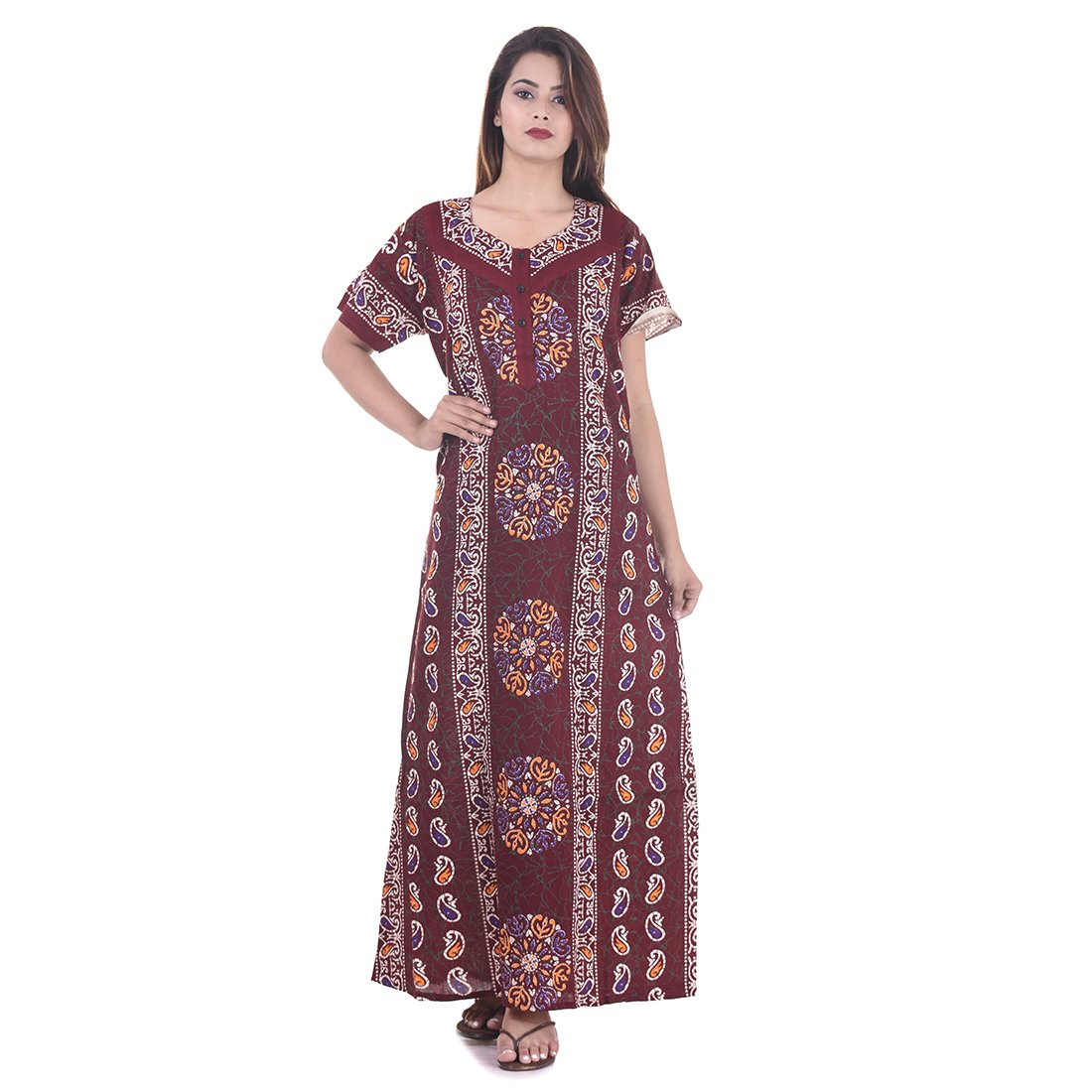 Cotton Nightwear Gown Sleepwear Maxi -Dress Maroon-image-38