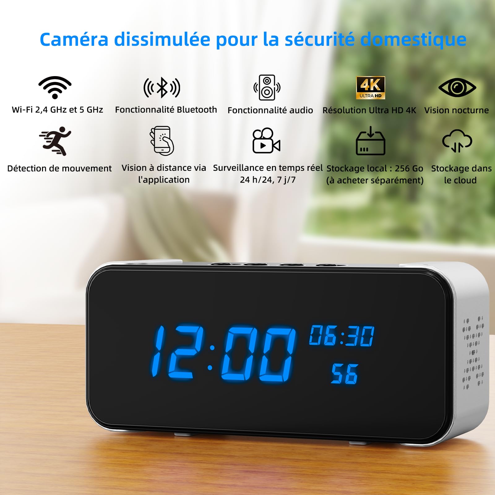 Camera Espion Réveil WiFi 4K Discret sans Fil | mini camera espion sans fil, lecteur Bluetooth, vision infrarouge, détection mouvement BT, mini camera, accès distant app