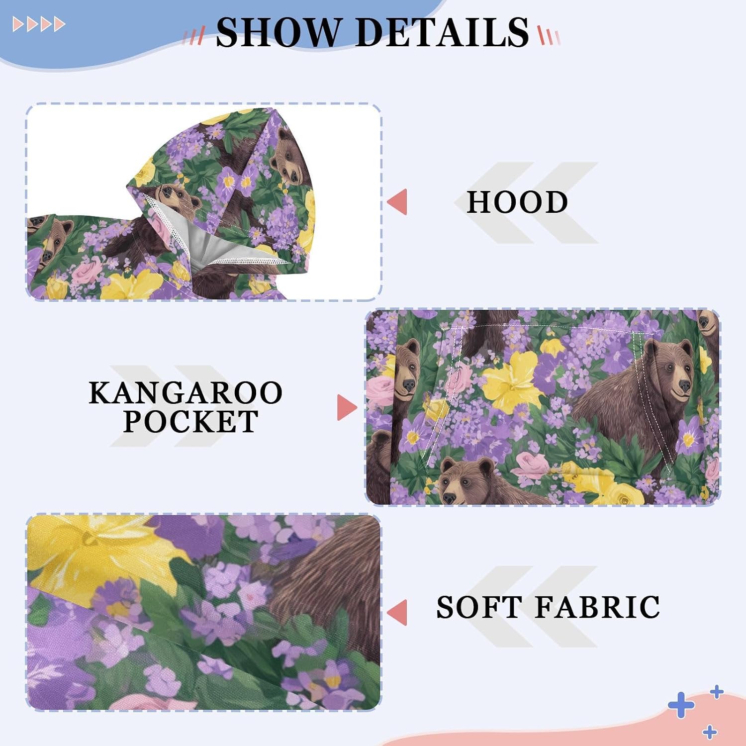 ZZXXB Spring Florals Bear Kids Sweatshirts Boys Girls Hooded Kangaroo Pocket Pullover Tops XS-XXL