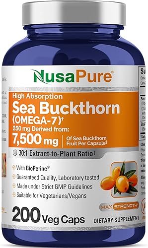 NusaPure Extracto 30:1 de Omega-7 de espino amarillo, 250 mg equivalente a 7,500 mg por cápsulas vegetarianas - 200 cápsulas - Sin OMG y vegano