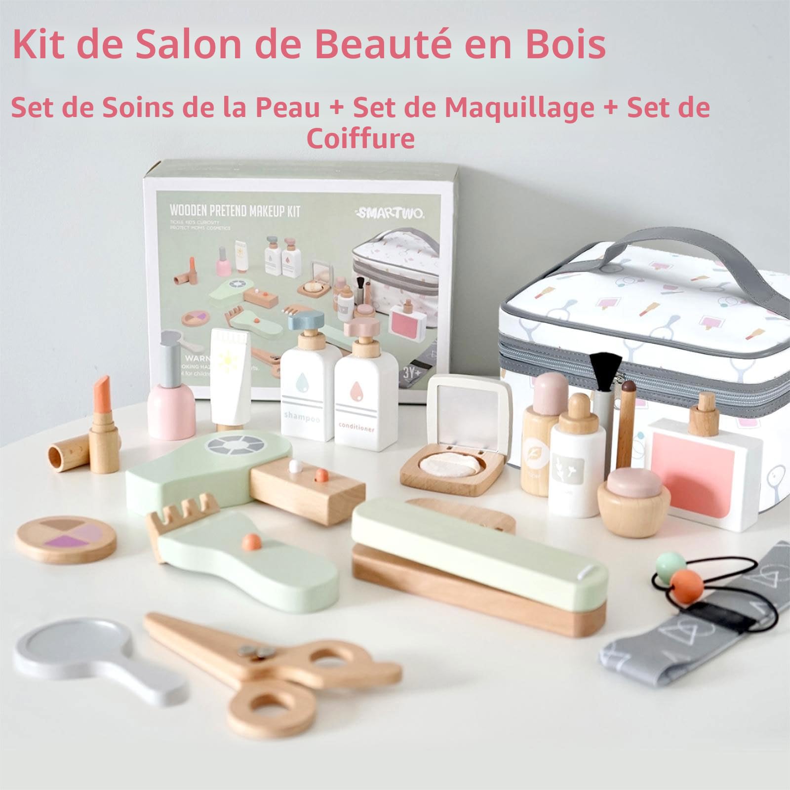Maquillage Enfant en Bois, Jeu de Rôle Coiffeur, Kit Beauté Bois, Malette Faux Maquillage, Coffre à Jouets Coiffure, Accessoires Coiffeuse Fille, avec Trousse Toilette, Cadeau 3 4 5 6 Ans