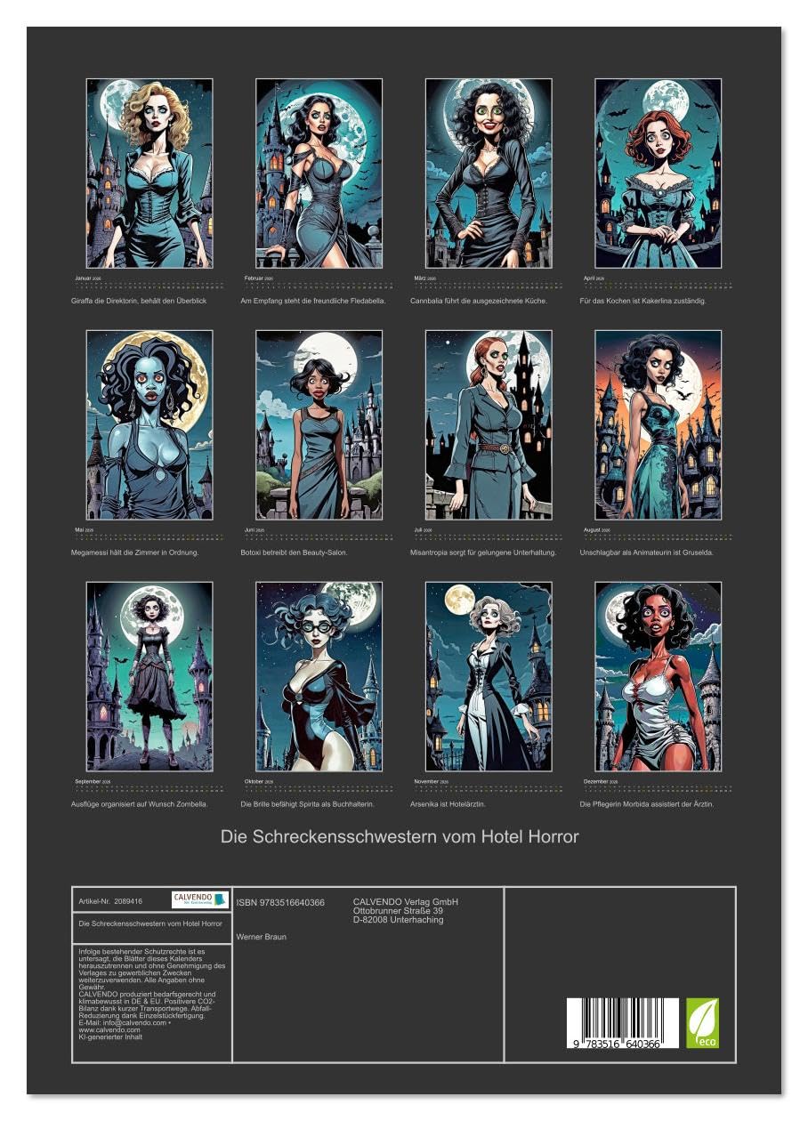 Die Schreckensschwestern vom Hotel Horror (hochwertiger Premium Wandkalender 2026 DIN A2 hoch), Kunstdruck in Hochglanz: Grunge, Gothic, Horror und zwölf Frauen. (CALVENDO Spass)