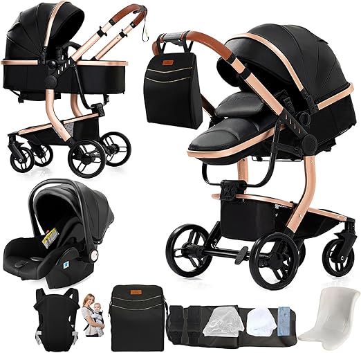 Pelle PU Passeggino 3 in 1 Trio Neonati, Per Neonato 3 in 1 Passeggini, Carrozzino multifunzione, Passeggino Pieghevole (518 Black)