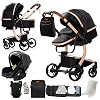 PU Leather Pushchair 3-in-1 Comfortable Multifunctional Combination Pram 3-in-1 Complete Set Aluminium High Landscape Baby Pram Foldable Pram Set (518 Black)