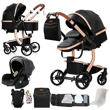 pu leather pushchair 3-in-1 comfortable multifunctional combination pram 3-in-1 complete set aluminum high landscape baby pram foldable pram set (518 black)