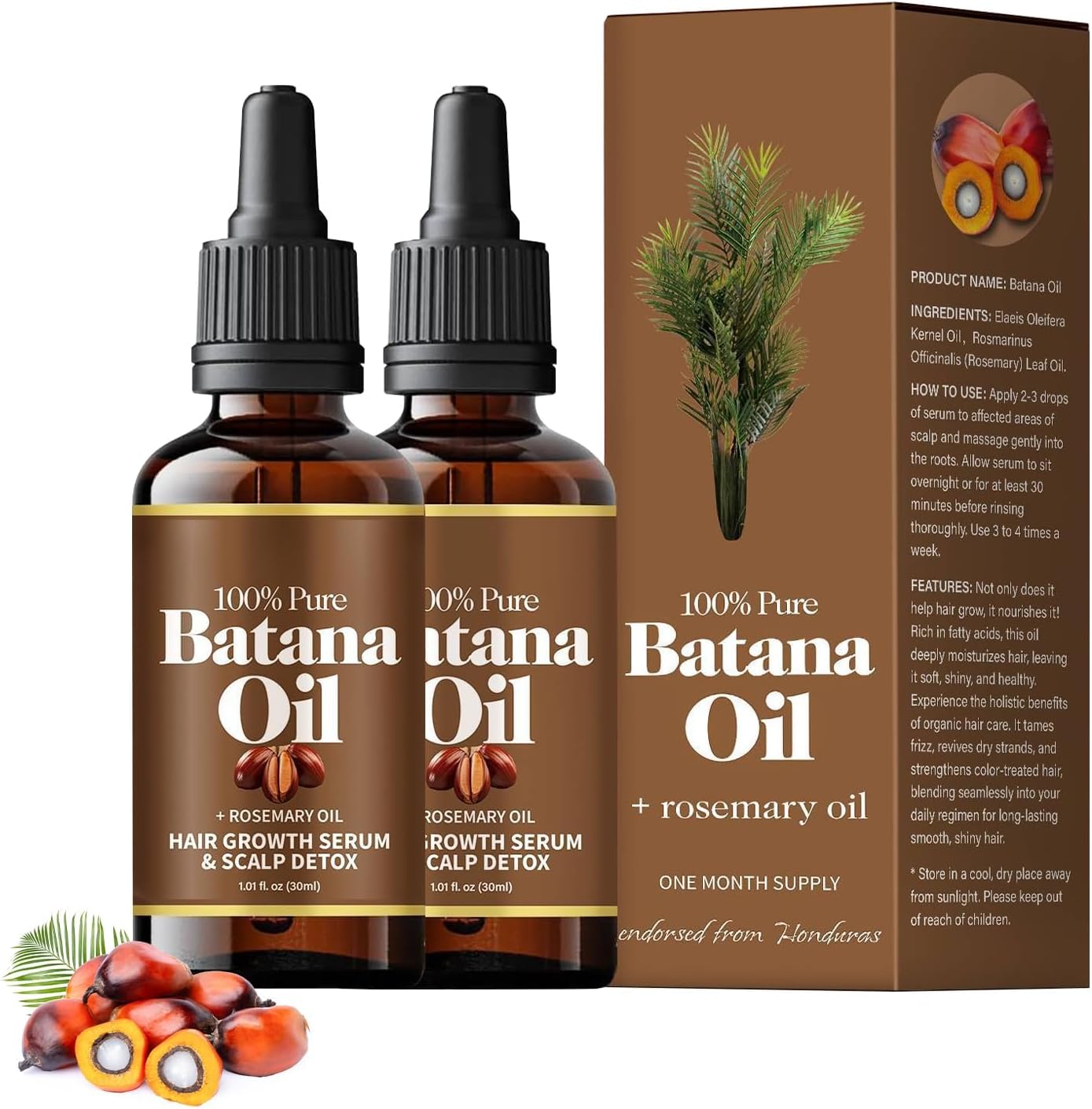 Kioma Batana Oil with Rosemary for Hair Growth, 100% Organic, Nourishes All Hair Types, Women & Men (2x30ml)