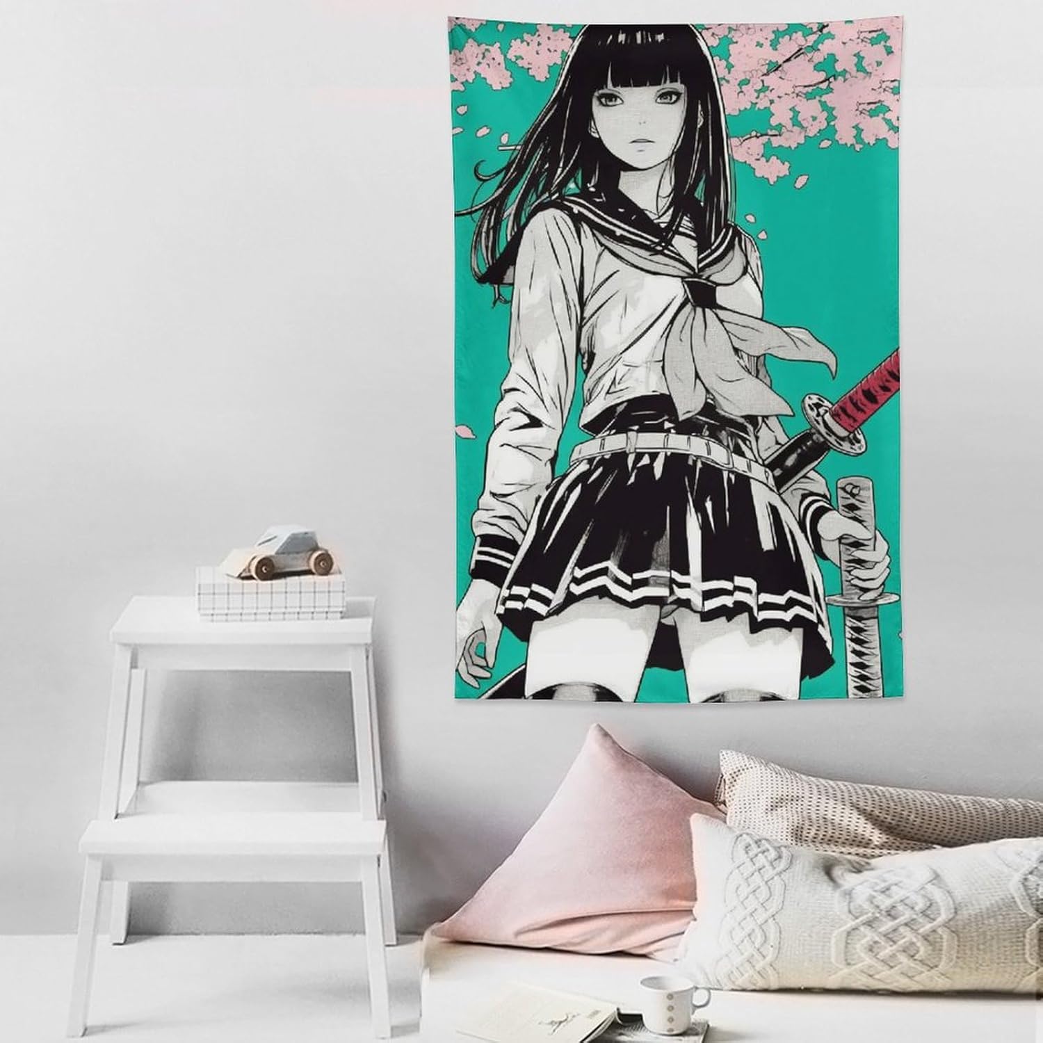 QEOPGNE Female Samurai Tapestry Cherry Blossom Anime Girl Samurai Wall Art Asian Japanese Wall Decor for Bedroom Home Office Living Room Decor for Men and Woman Wall Hanging Tapestries 40"x60"