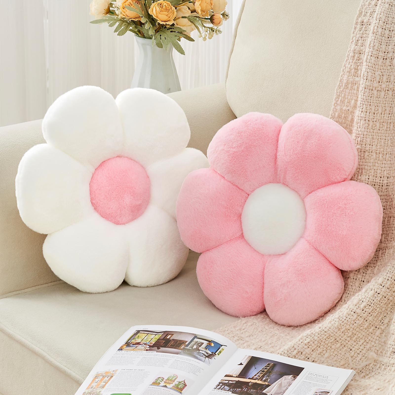 Gowwye 2 Pcs Flower Throw Pillow,15.7'' Daisy Shaped Pillows Set with Faux Rabbit Fur,Soft Flower Plush Throw Pillow Cushions for Bed Sofa Couch Home Decor (White+Yellow)